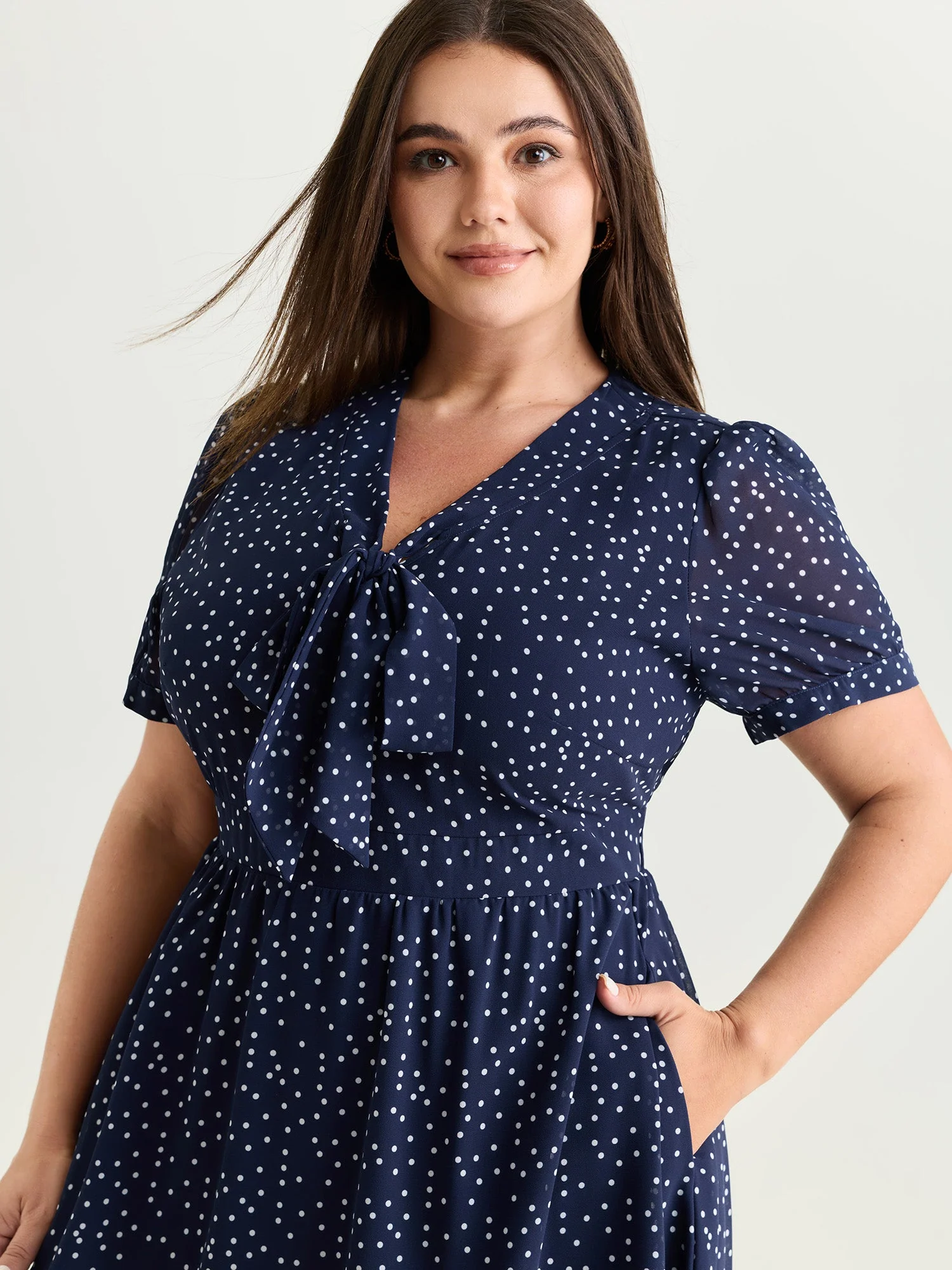 Pretty Polka Dots Ribbon Neckline Midi Dress