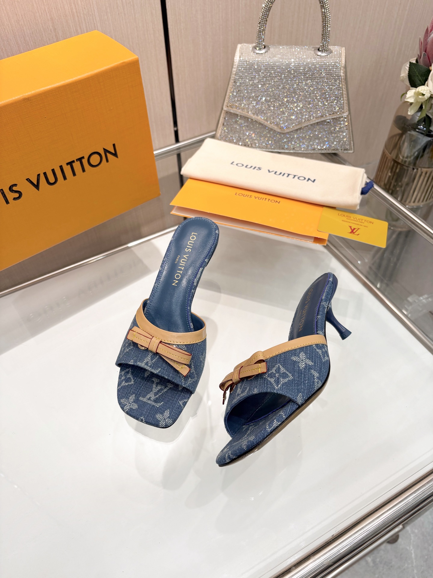 [TOP] Louis Vuitton LV 5.5cm Mid Heel Slippers - Denim Blue - 711 Luxury