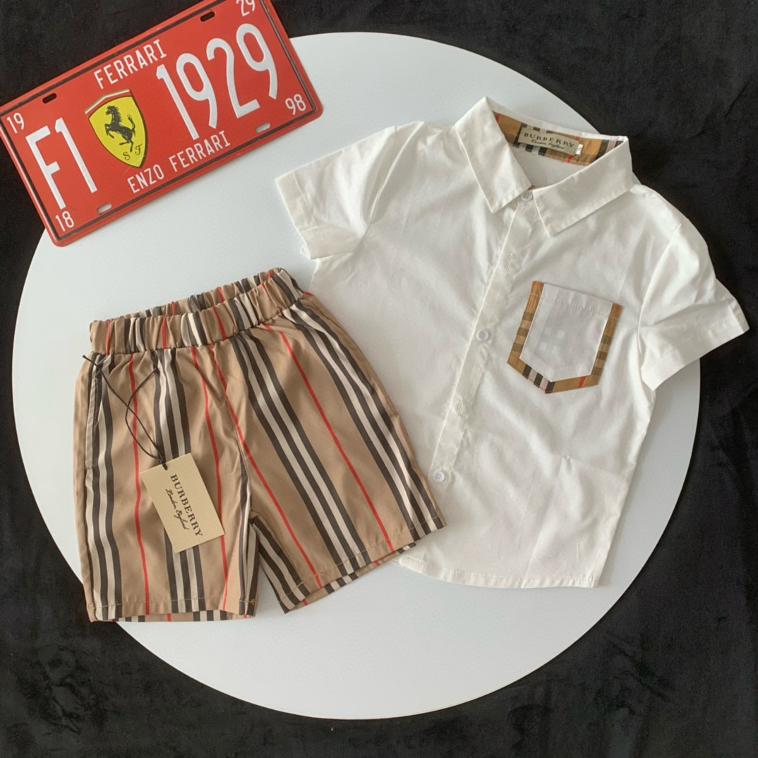 Burberry Unisex Kids White Plaid Pocket Short Sleeve Button Shirt & Classic Vertical Stripe Elastic Waist Shorts 2 Piece Separable Set Boys Girls Sizes 90-150