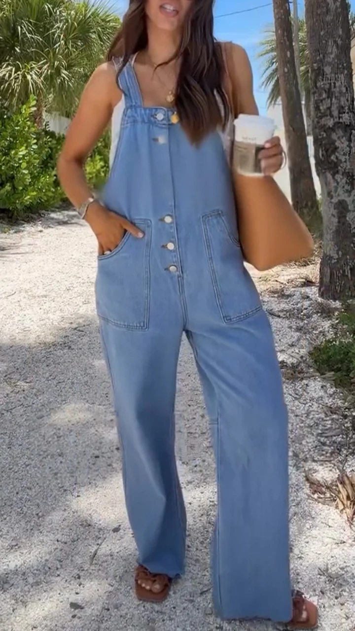 Women Shoulder Strap Patchwork Pocket Casual Denim Jumpsuit