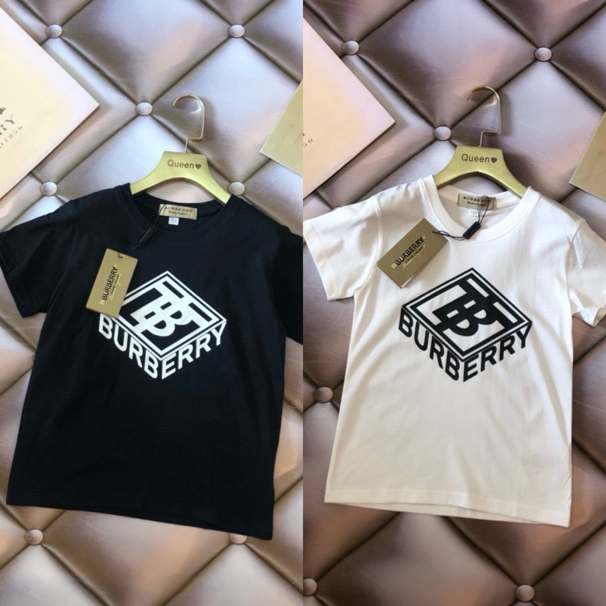Burberry Unisex Kids Black White Diamond BB Logo Short Sleeve Cotton T-Shirt Boys Girls Sizes 100-150
