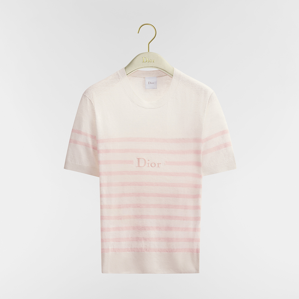 Dior white Clothing DIOR Dioriviera Short-Sleeved Sweater White and Pink D-Stripes Linen Cashmere and Silk Knit #388875 | Nig