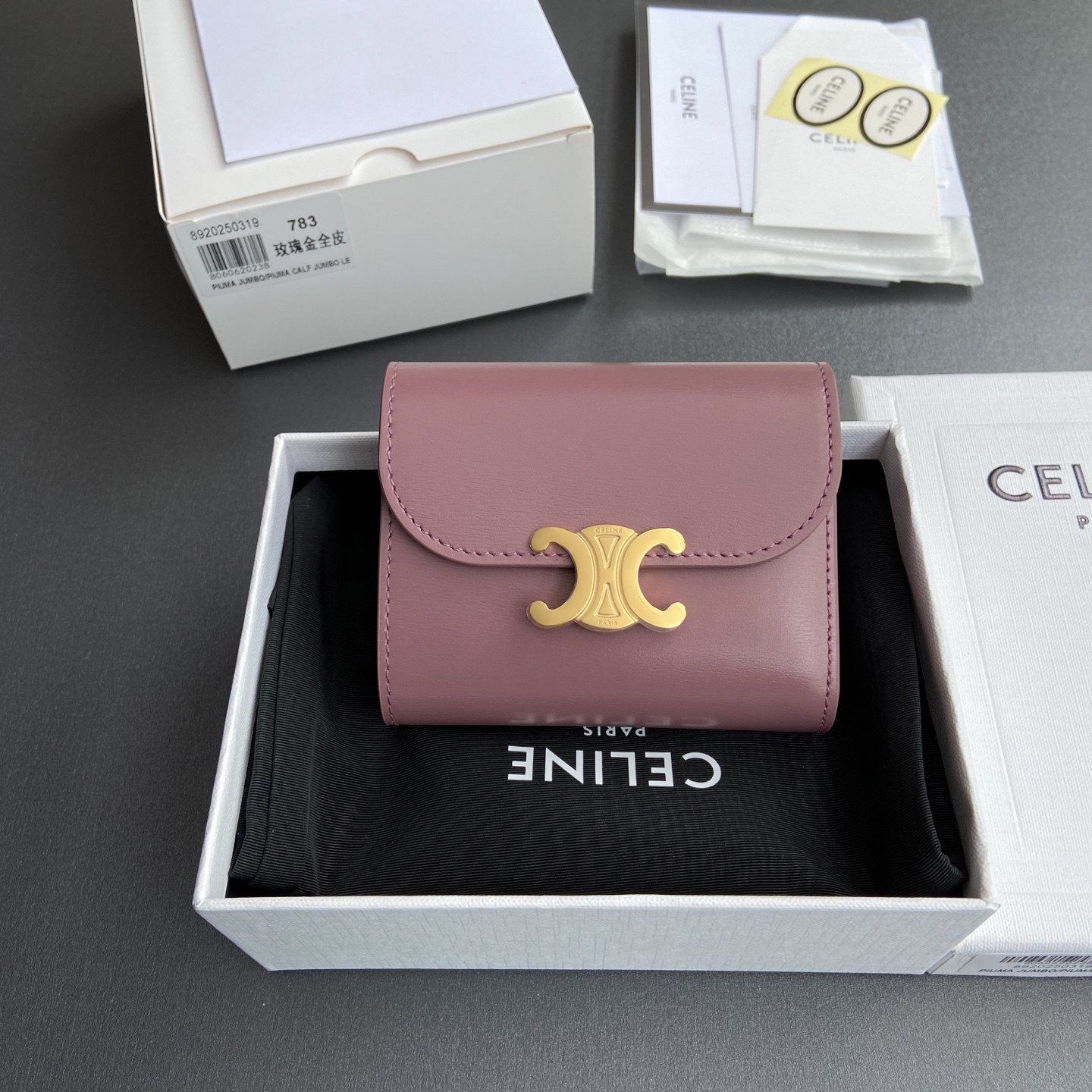 [TOP] CELINE Triomphe Shiny Cowhide Leather Short Wallet 10.5x9x3cm - Pink&GHW - 711 Luxury