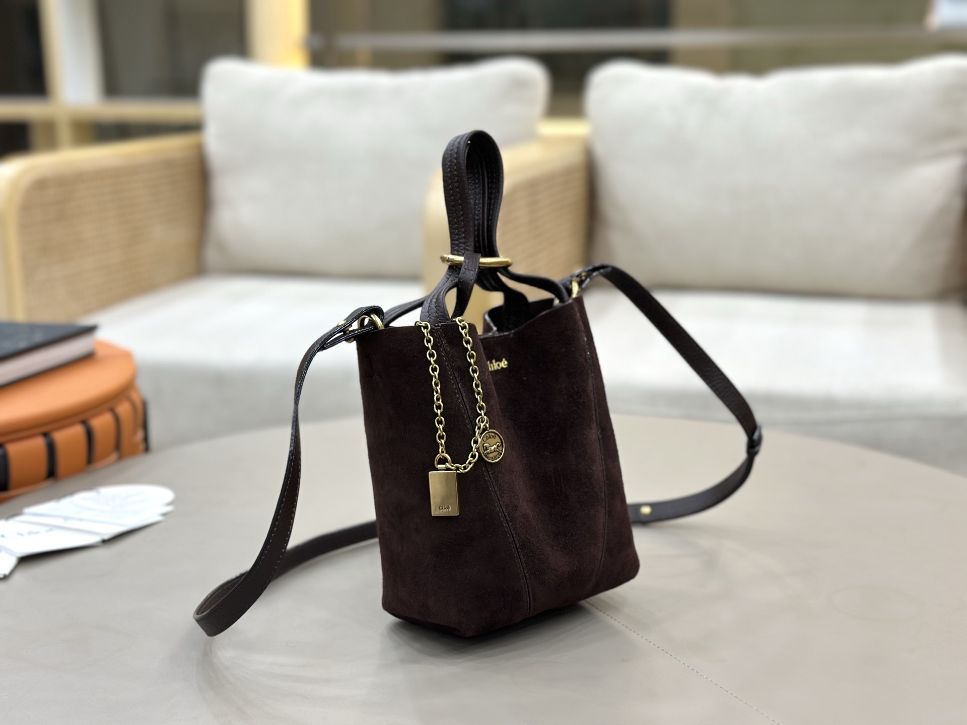 [TOP] Chloe Spin Bag Suede Leather 18*19*8 cm - Chocolate - 711 Luxury