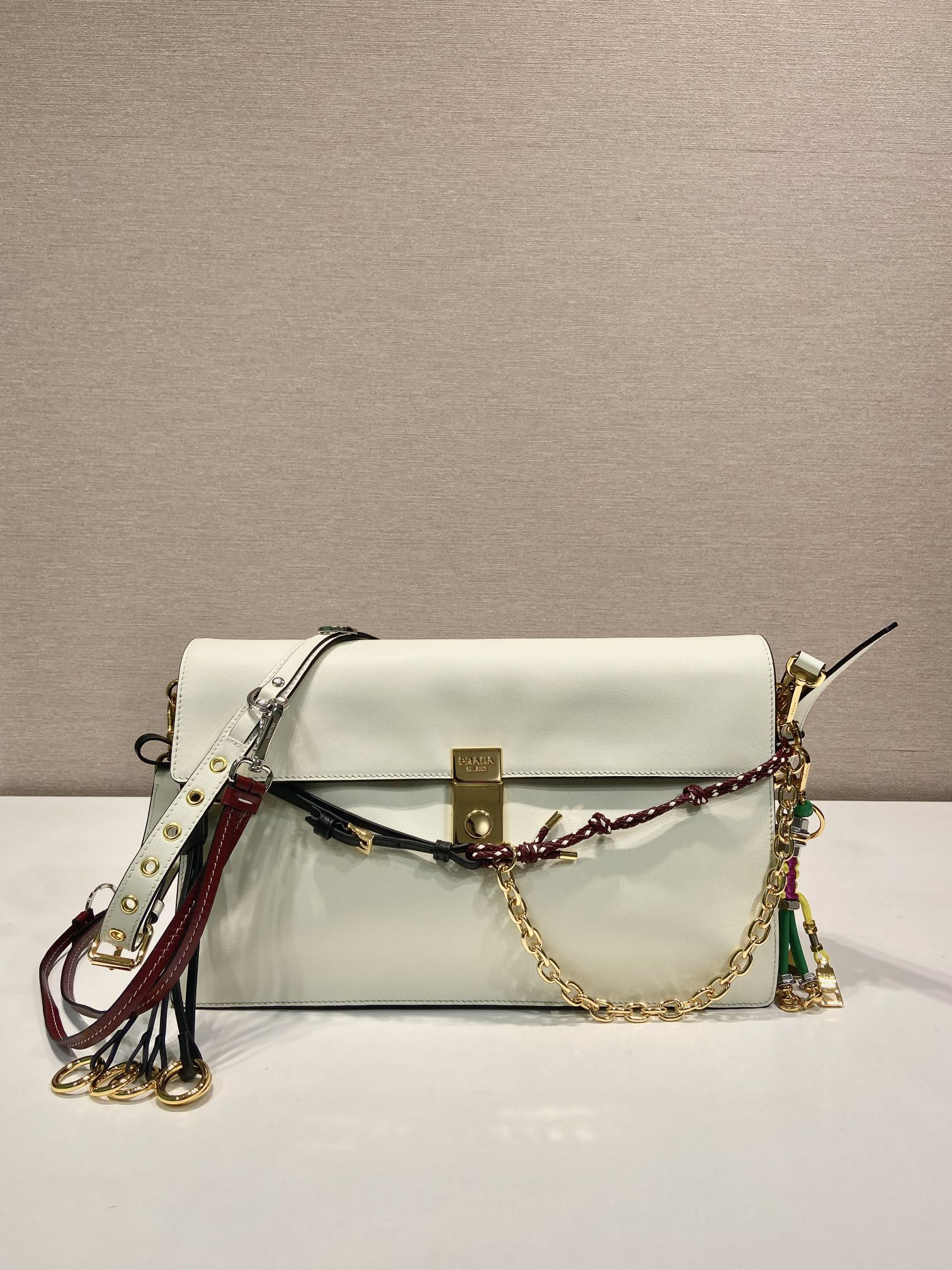 [TOP] PRADA Soft Sound Bag 35x19.5x10.5cm - White & GHW - 711 Luxury
