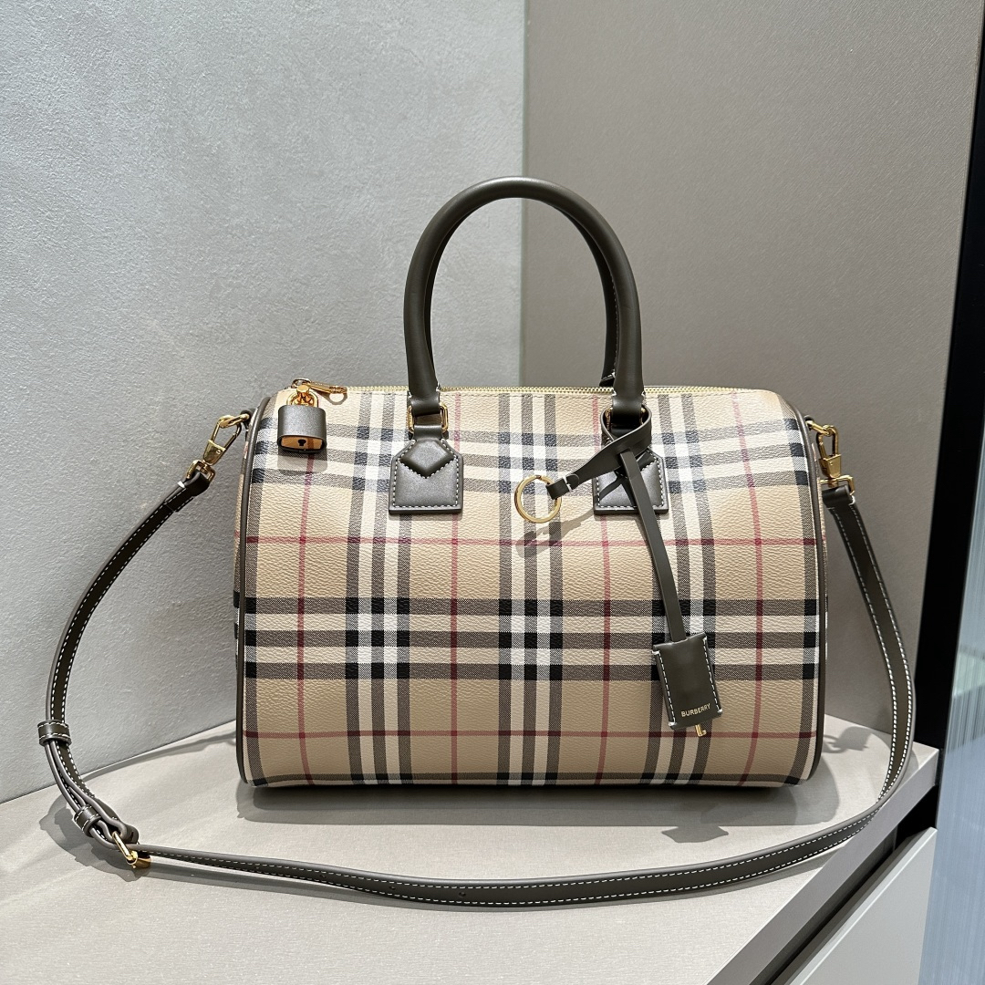 [TOP] BURBERRY Vintage Plaid Boston Bag 30x15x21cm - Khaki and Gray - 711 Luxury