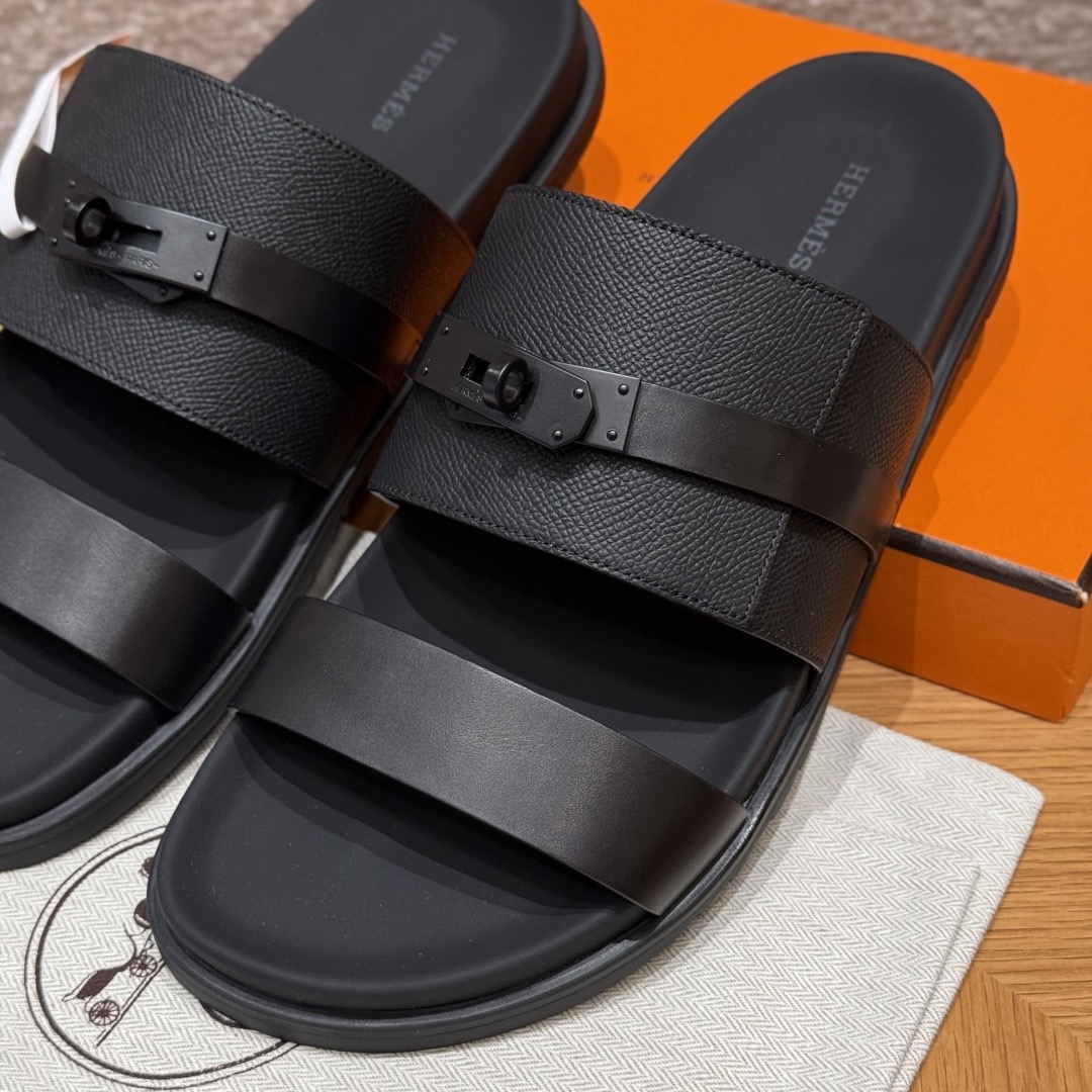 [TOP] HERMES Men's Jackson Calfskin Slippers - Black - 711 Luxury