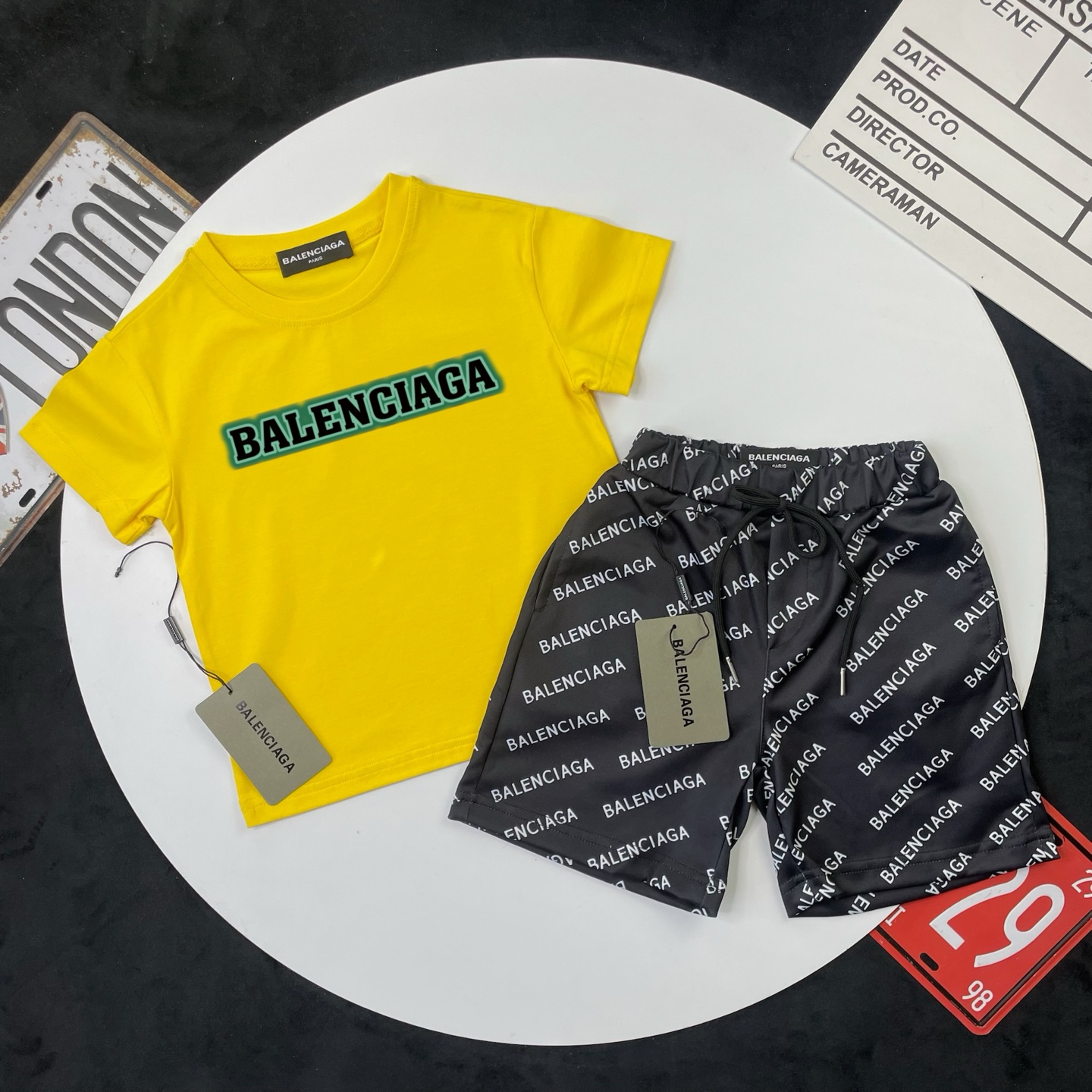 Balenciaga Unisex Kids Bright Yellow Green Glow Border Logo Short Sleeve T-Shirt & Black All Over Letter Print Casual Shorts 2 Piece Set Boys Girls Sizes 90-150