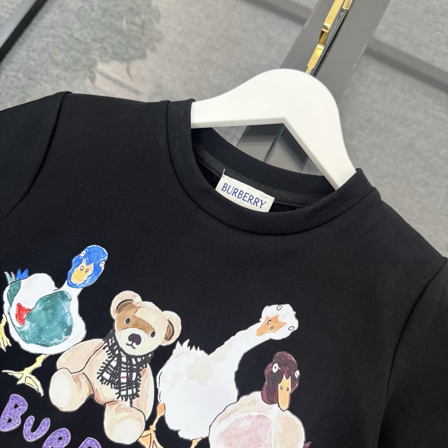 Burberry Girls Cartoon Duck Bear Print Short Sleeve Cotton T-Shirt & Vintage Check Elastic Waist Bow Pleated Skirt Two Piece Matching Set Kids Sizes 100-160 Black