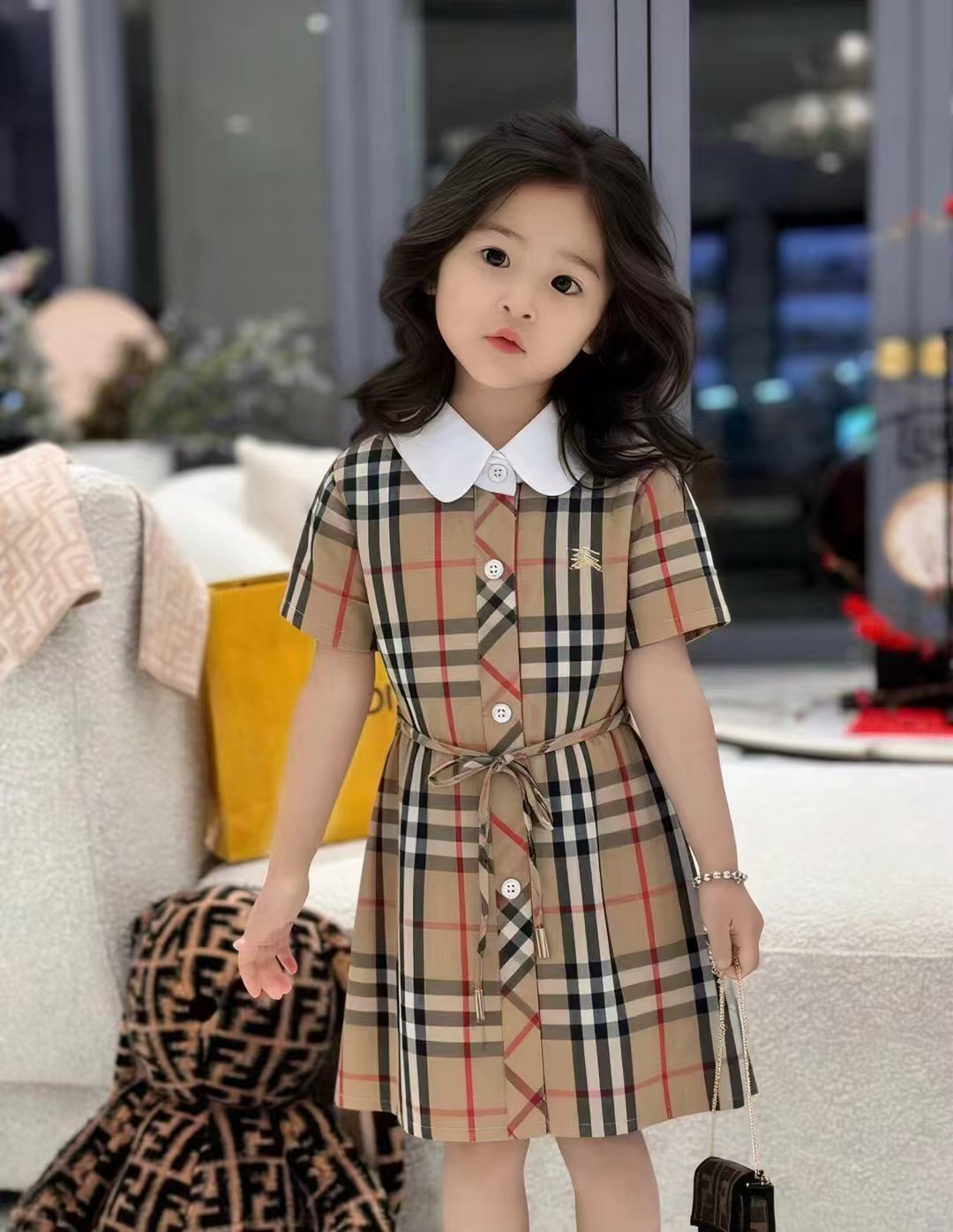 Burberry Girls Vintage Check White Collar Drawstring Waist Short Sleeve Cotton Dress Sizes 90-130 Beige Plaid