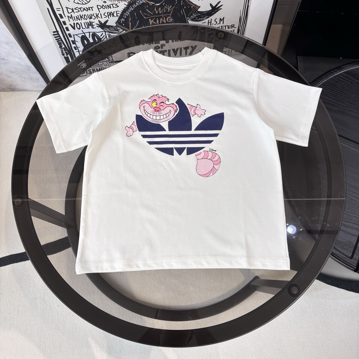 Adidas Kids White Cheshire Cat Disney Cartoon Graphic Crew Neck Short Sleeve T-Shirt Boys Girls Sizes 100-160