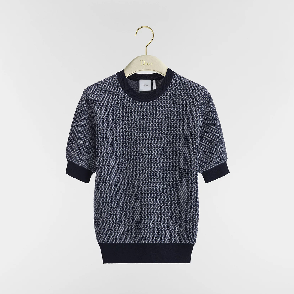 DIOR Top-quality Version Short-Sleeved Sweater Navy Blue and White Wool Jacquard #383115
