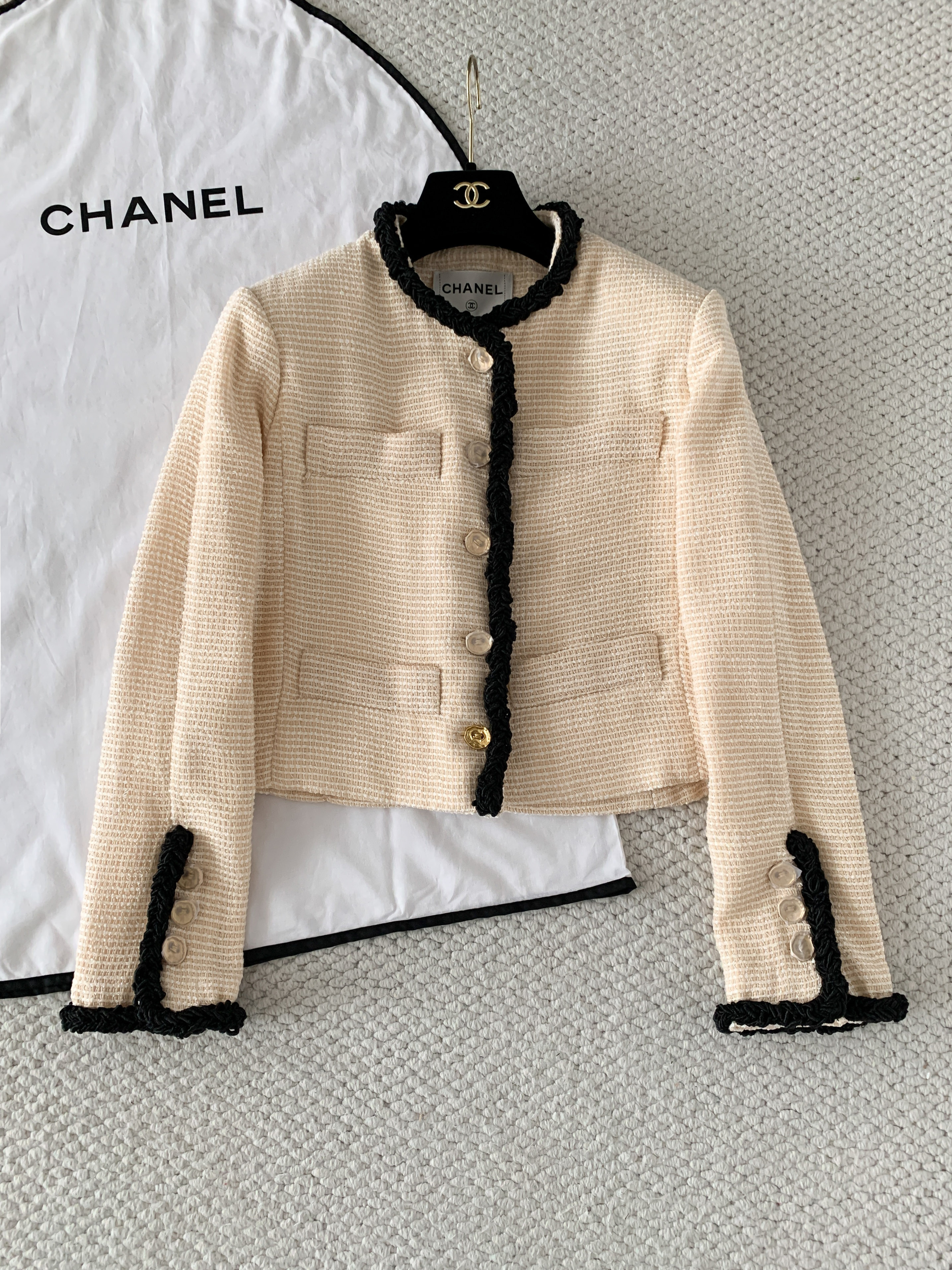 CHANEL Jacket Skirt Tweed White Black #386420