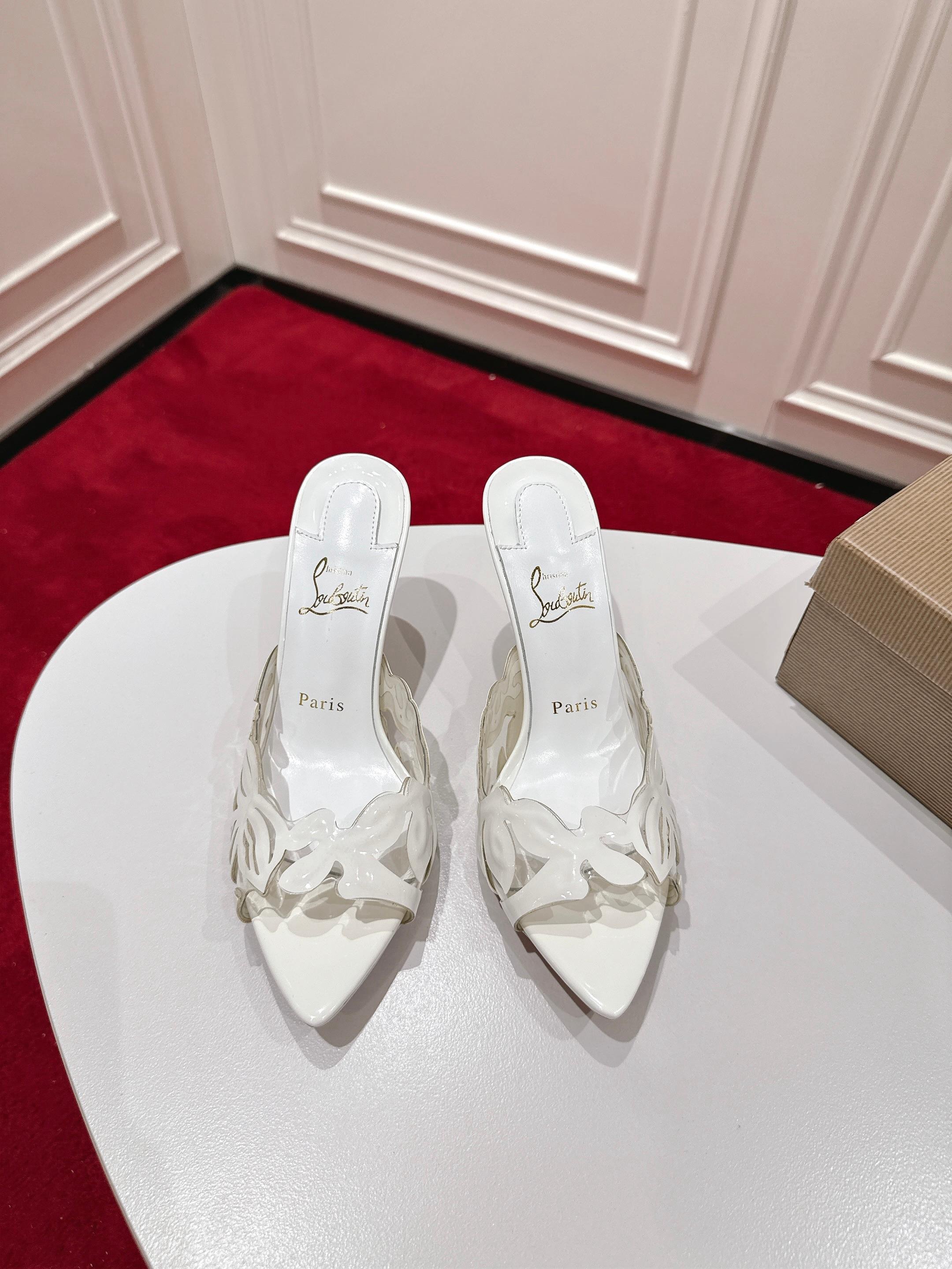 [TOP] Christian Louboutin Apostropha Petunia 80 Patent-Leather and PVC Slippers - White - 711 Luxury