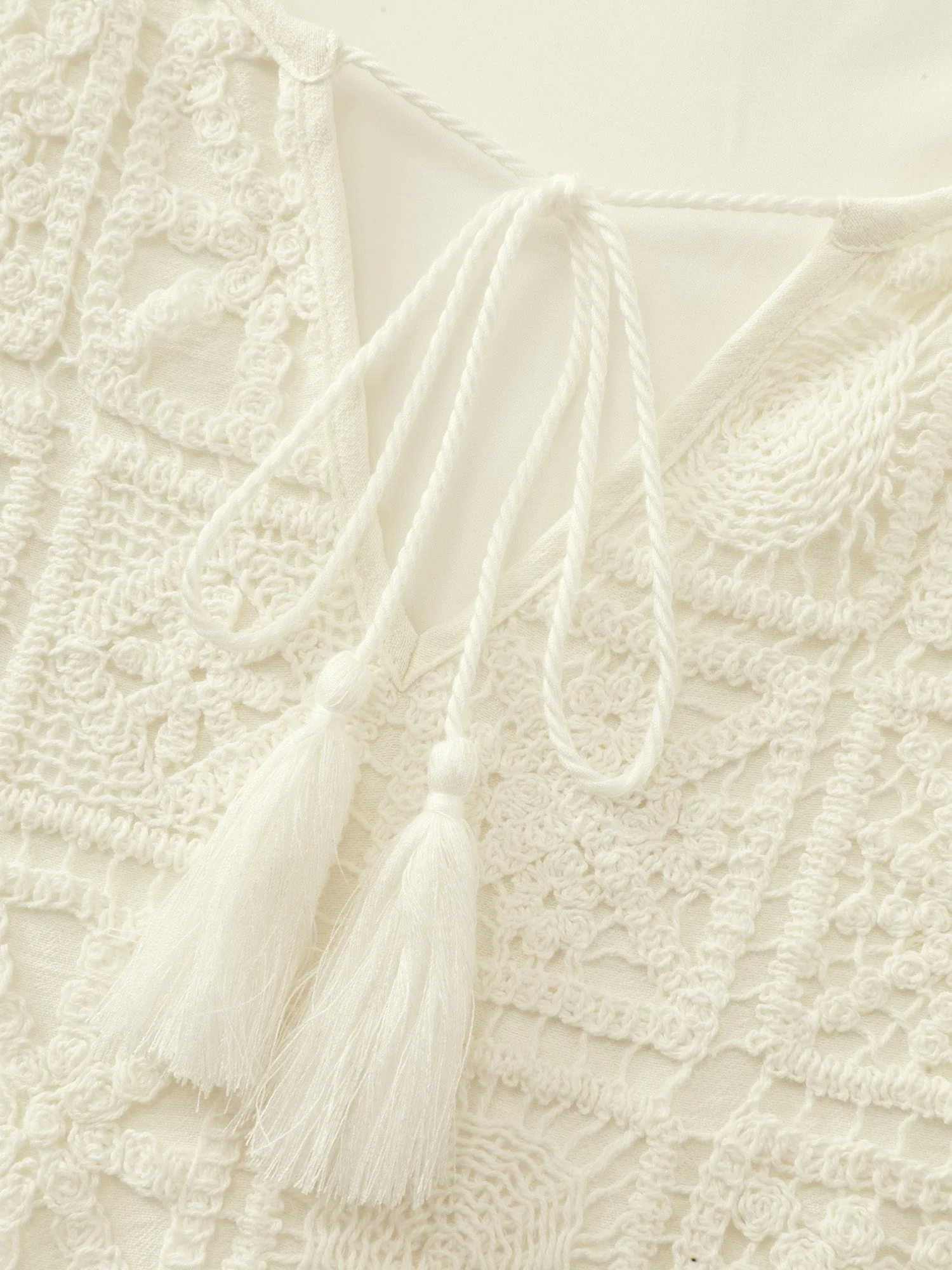 Lace Drawstring Neckline Tiered Mini Dress