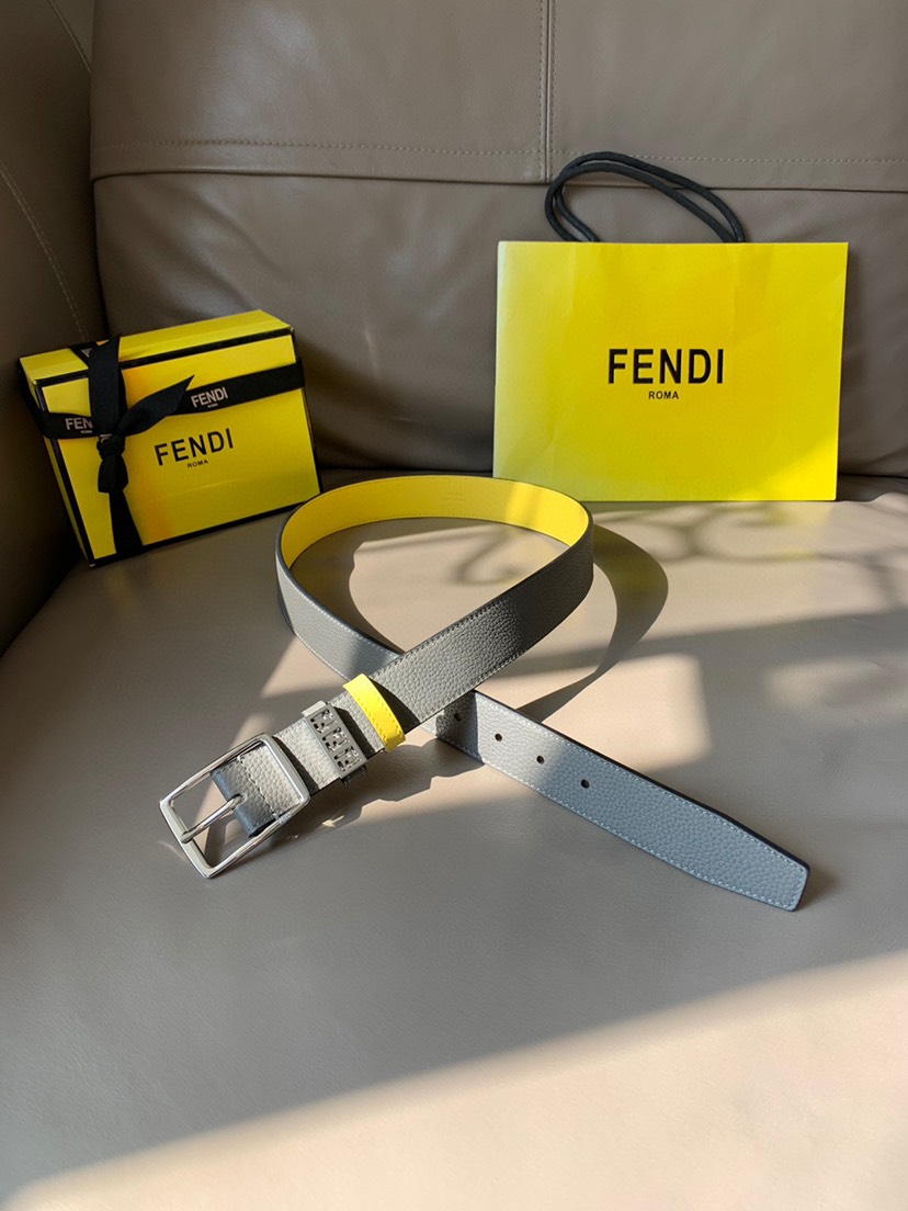 [TOP] FENDI Men's Belt Cowhide 3.5cm - Gray and Yellow - 711 Luxury