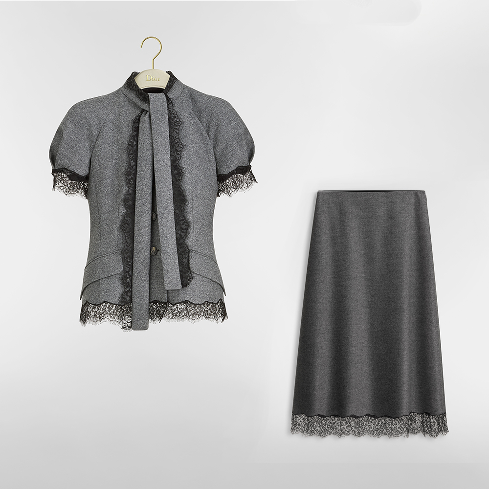 DIOR Short-Sleeved Jacket and Mid-Length Straight Skirt  Heathered Gray Wool-Cashmere Flannel and Black Lace  #389357