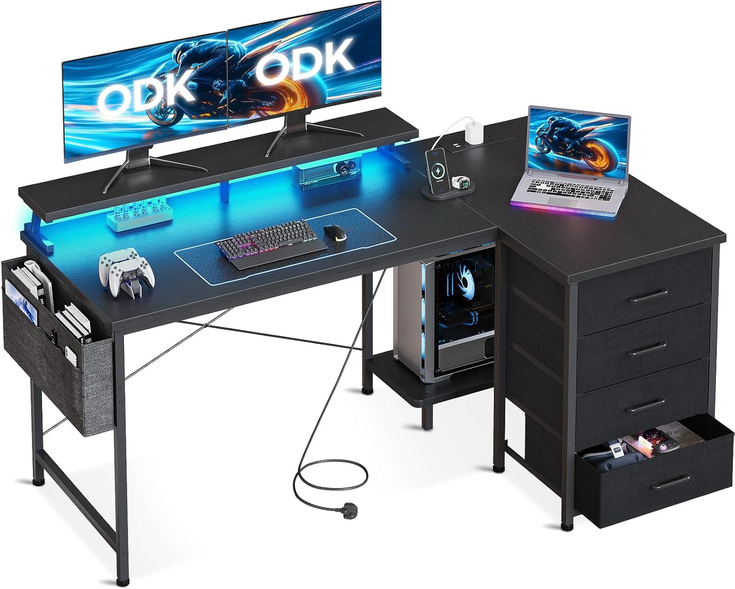 ODK L Shaped Gaming Desk with LED Lights & Power Outlets, 140x80cm Corner Computer Desk with Drawers, Reversible Gaming Table with Monitor Shelf & PC Stand, Black