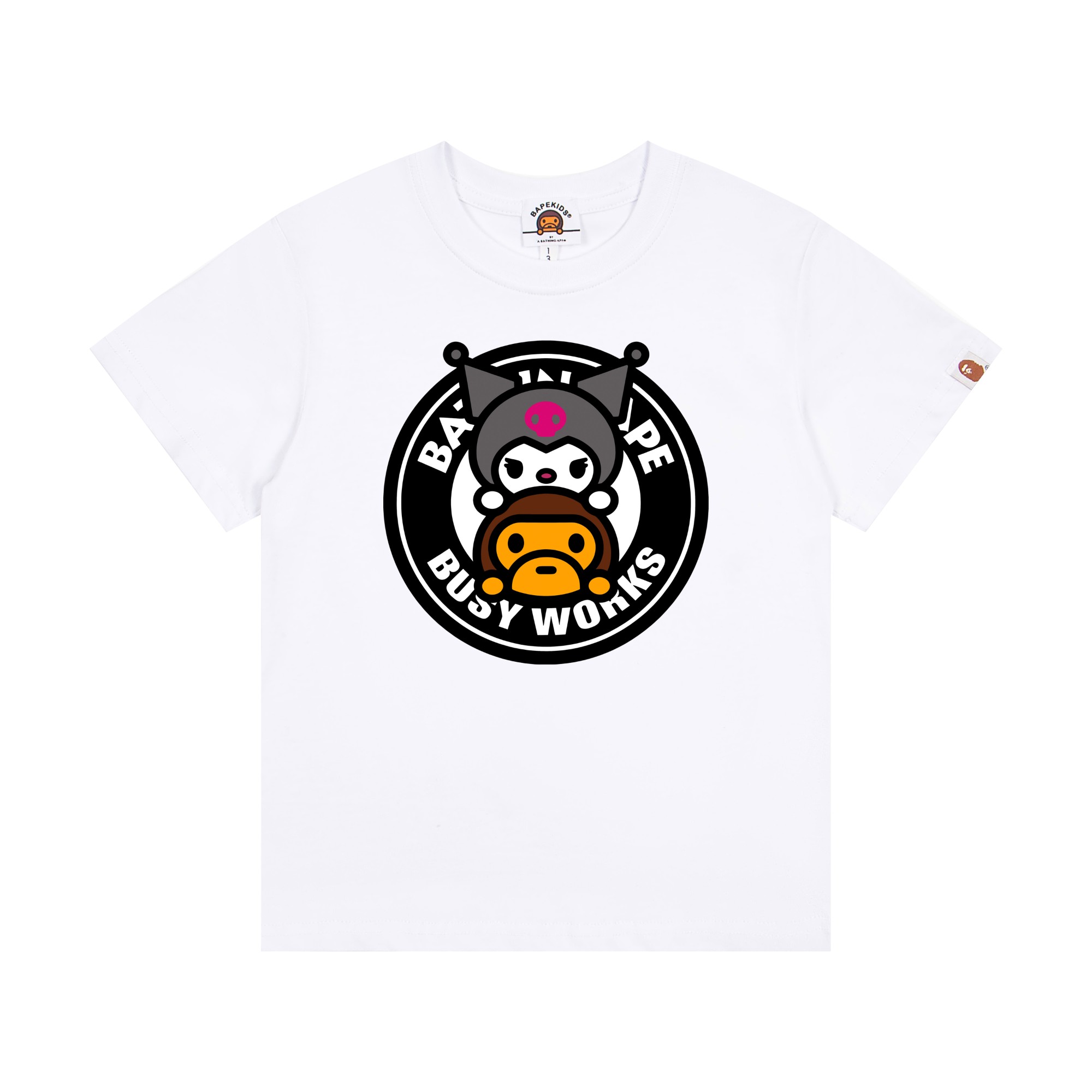 Bape Unisex Kids Black White Pink Red Kuromi Baby Milo Busy Works Circle Graphic Short Sleeve T-Shirt Boys Girls Sizes 90-150