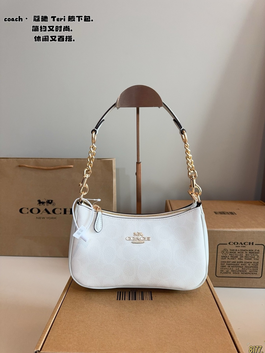 Coach Teri Shoulder Bag in White and Beige Leather with Chain Strap (Replica)