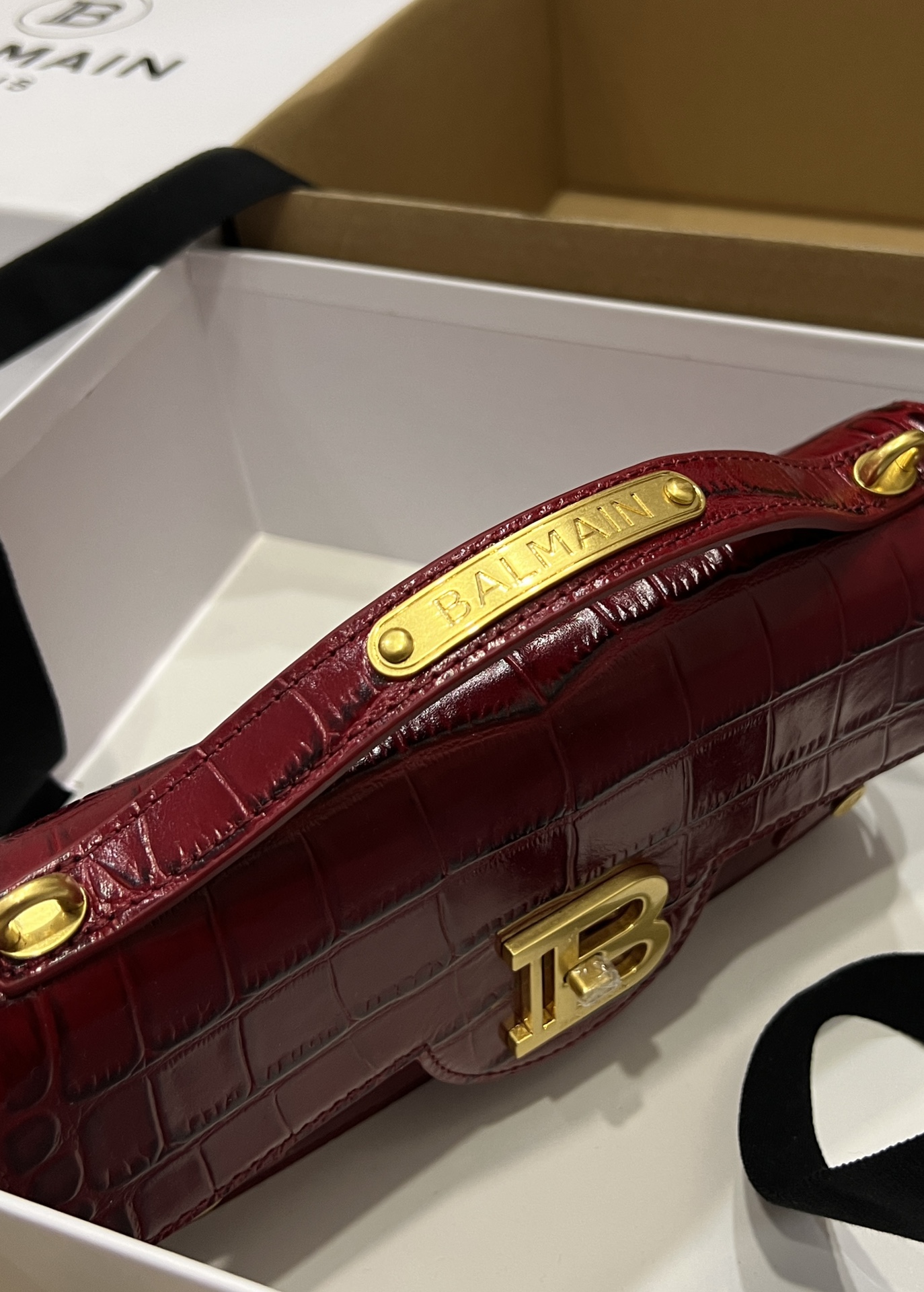 [TOP] BALMAIN Cowhide Embossed Crocodile Pattern Bag 23*14*8 CM - Dark Red - 711 Luxury