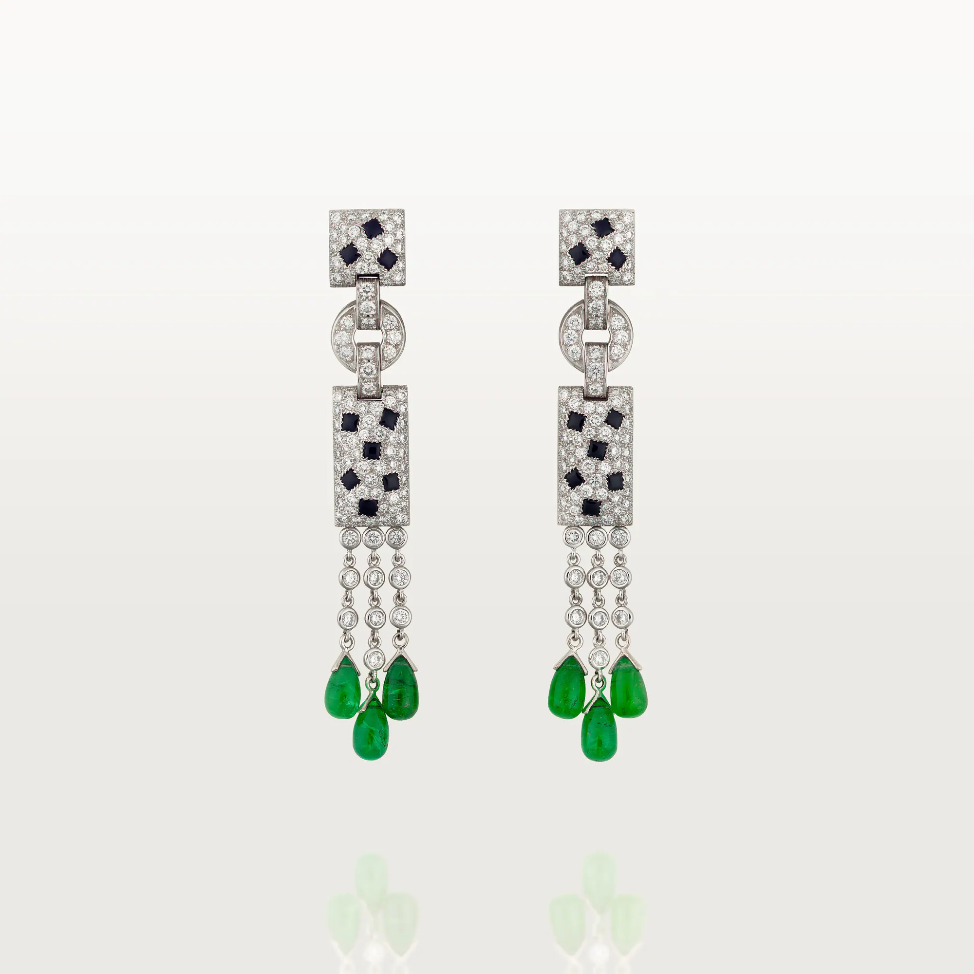 Carty Panther Motif Earrings, White Gold, Emeralds Paved
