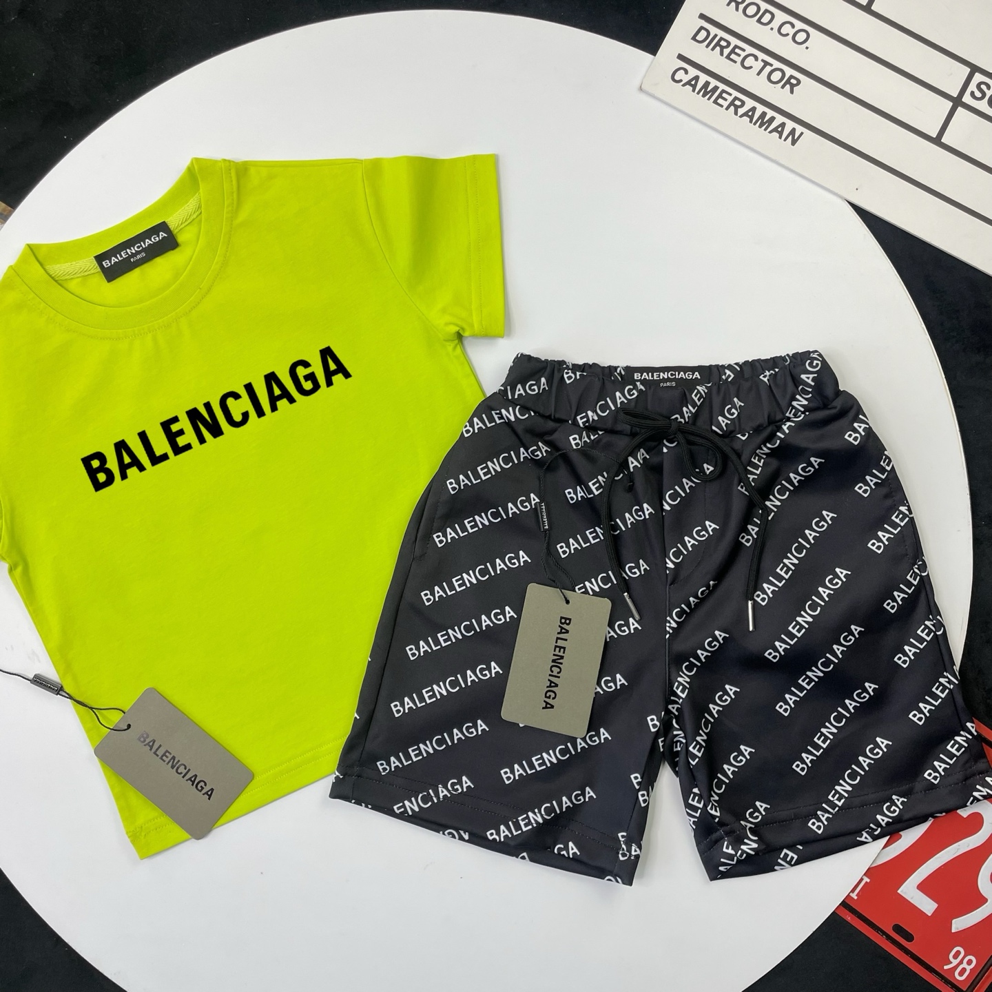 Balenciaga Unisex Kids Fluorescent Lime Green Solid Black Letter Short Sleeve T-Shirt & Black All Over Logo Print Casual Shorts 2 Piece Set Boys Girls Sizes 90-150
