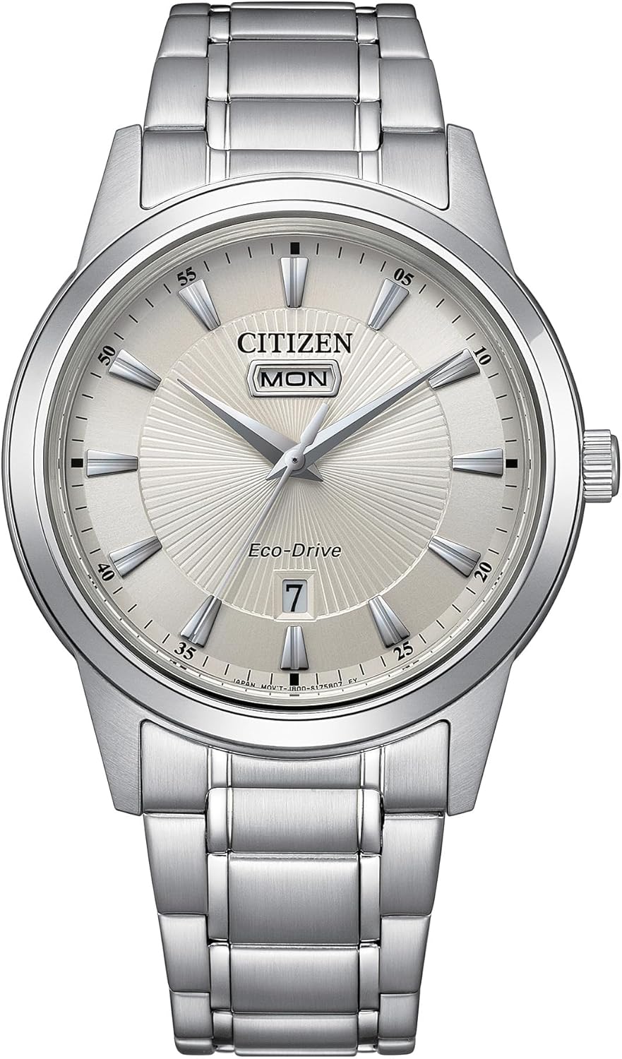 Citizen Men's Eco-Drive Dress Classic Watch, Silver-Tone Stainless Steel Bracelet, Ivory Dial, 3 Hand, Day/Date (Model: AW0100-86B)