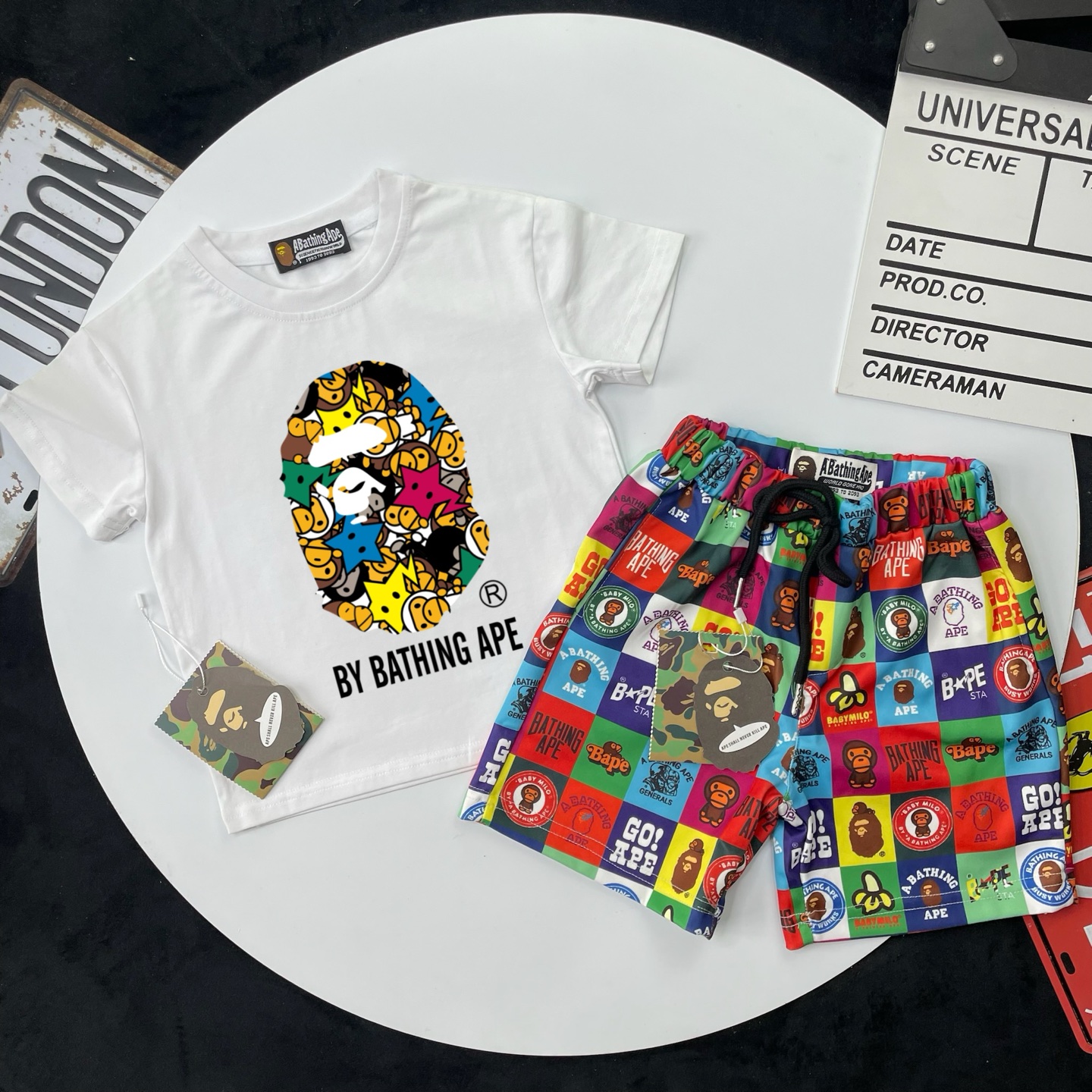 Bape Unisex Kids Green Red White Baby Milo Print Short Sleeve T-Shirt & Colorful Grid Logo Print Shorts Set Boys Girls Sizes 90-150,