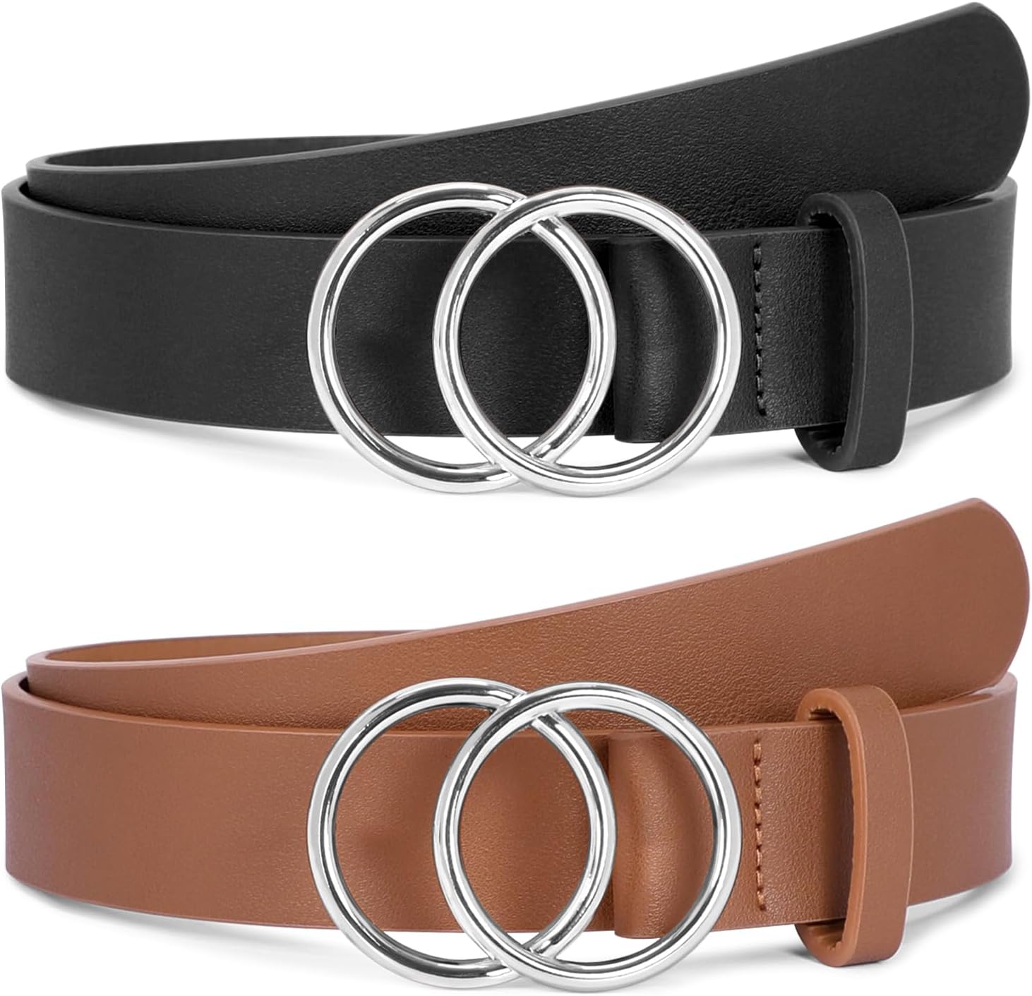 SUOSDEY Women Leather Belt Fashion Double O-Ring Soft Faux Leather Waist Belts For Jeans Dress