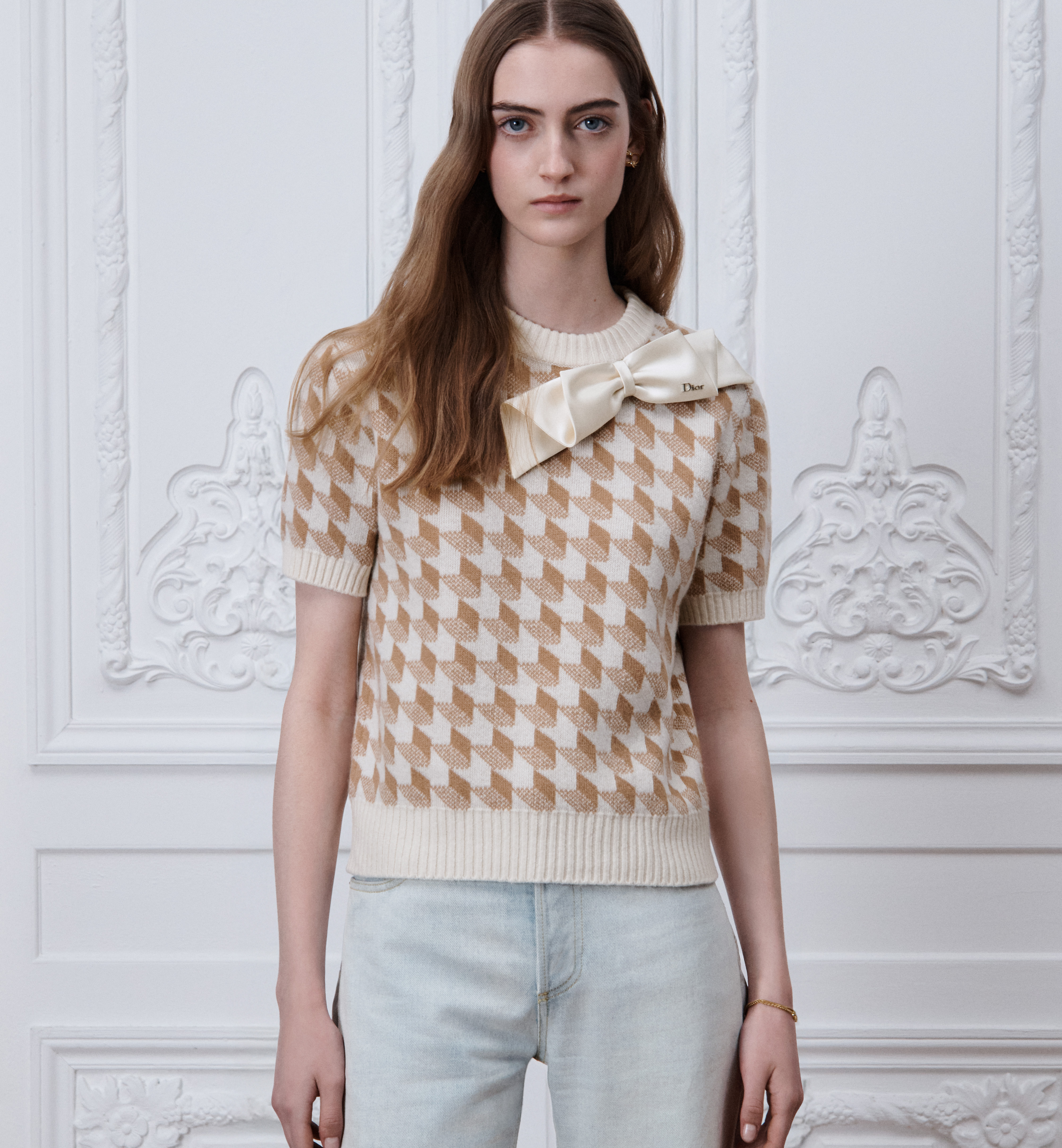 Dior orange Clothing DIOR Short-Sleeved Sweater Ecru and Orange Wool-Cashmere-Blend Jacquard with Graphic Motif #396191 View
