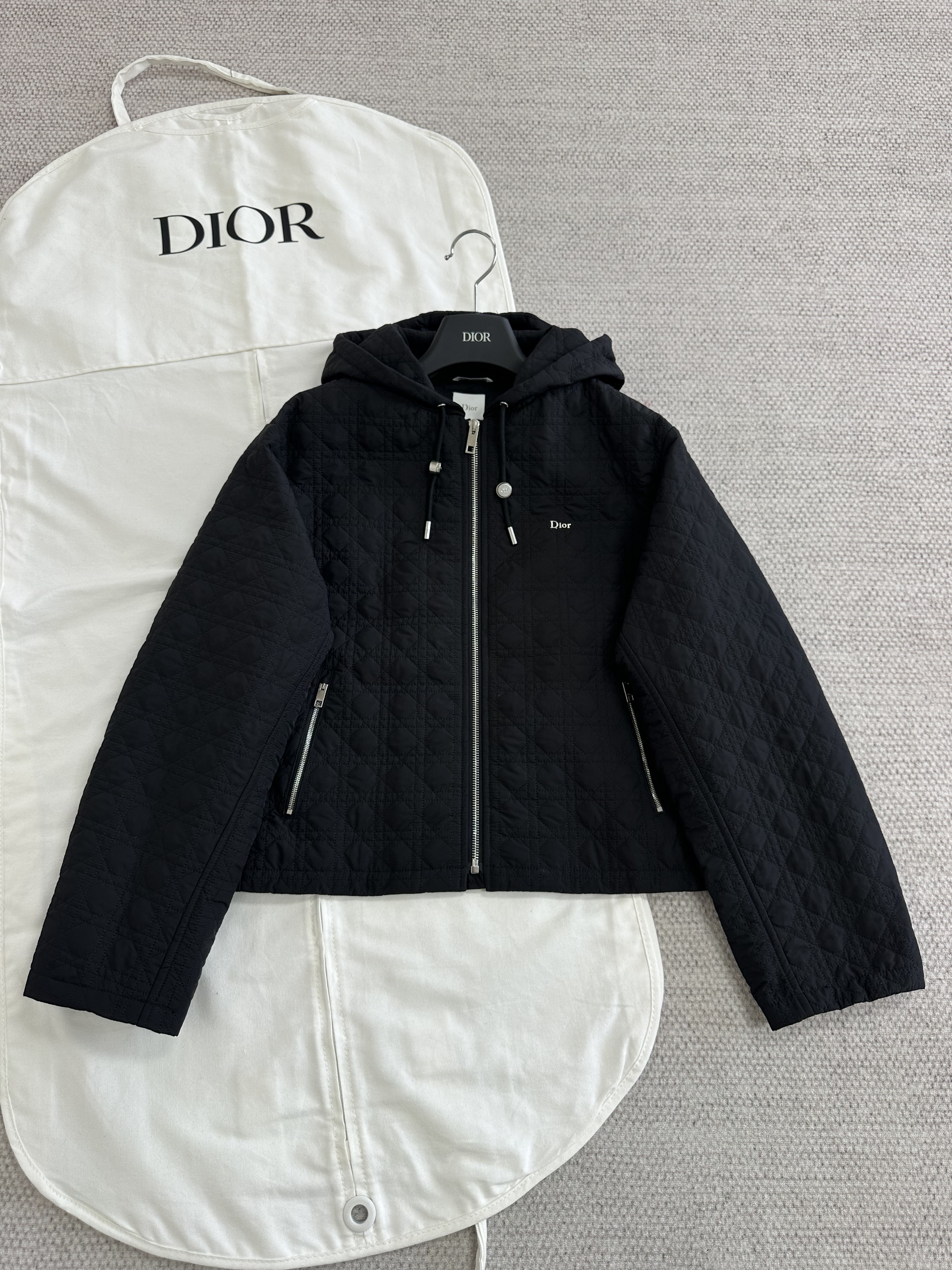 Dior black Clothing DIOR Top-quality Version Zipped Macrocannage Jacket with Hood Black Quilted Technical Taffeta #378160 Vie