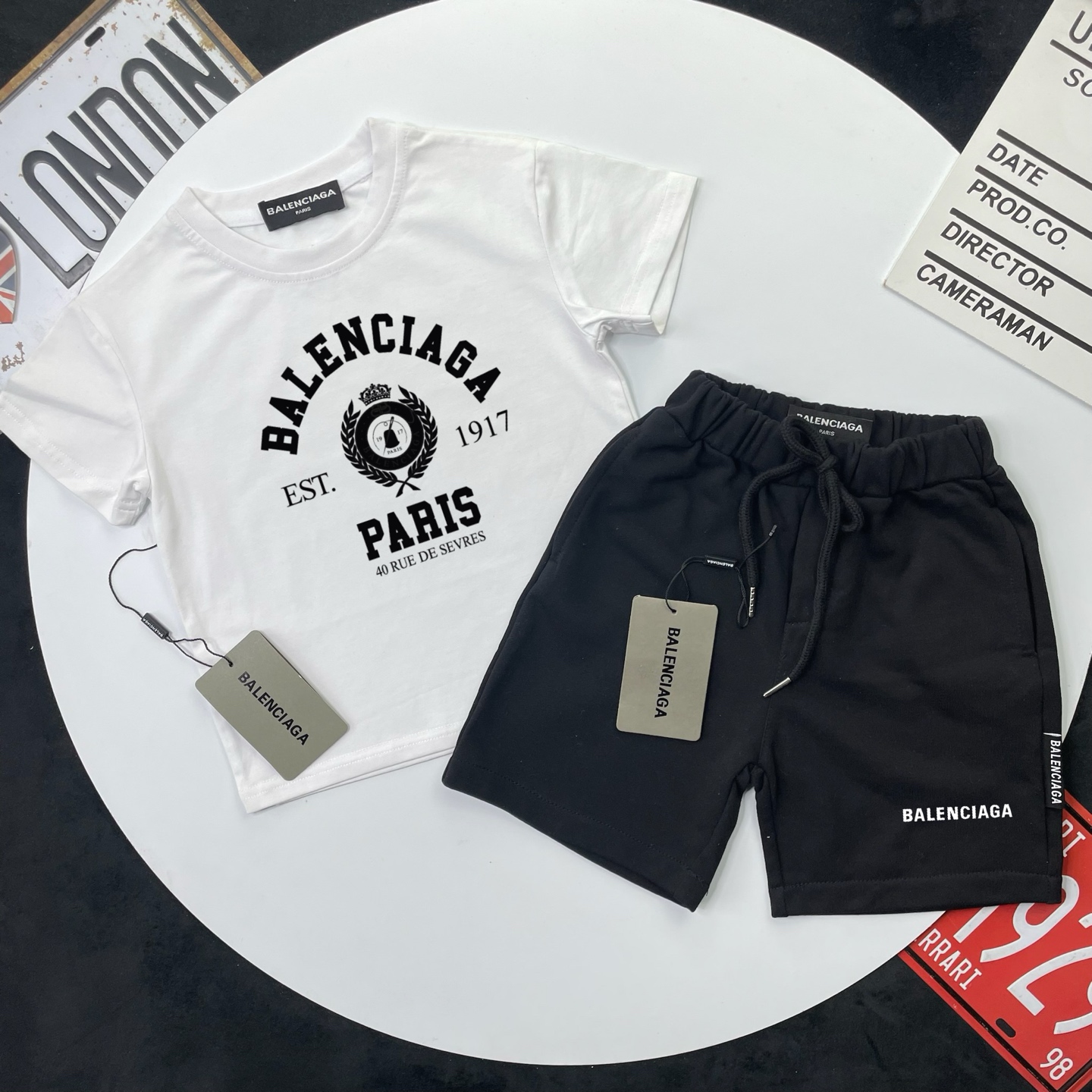 Balenciaga Unisex Kids Black White EST.1917 Paris Wreath Logo Short Sleeve T-Shirt & 2 Options Heather Gray Black Drawstring Sweat Shorts 2 Piece Set Boys Girls Sizes 90-150