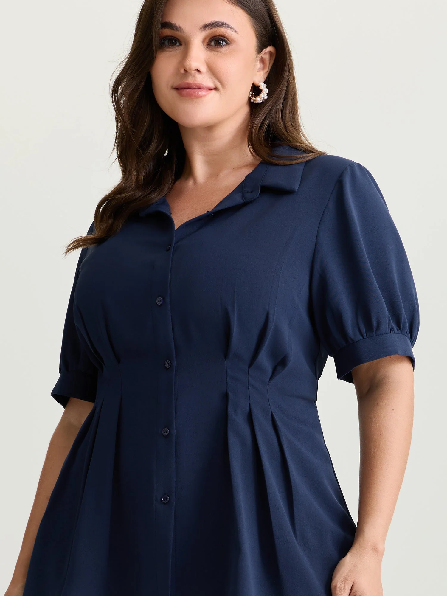Cinched-Waist Pleated Collar Blouse