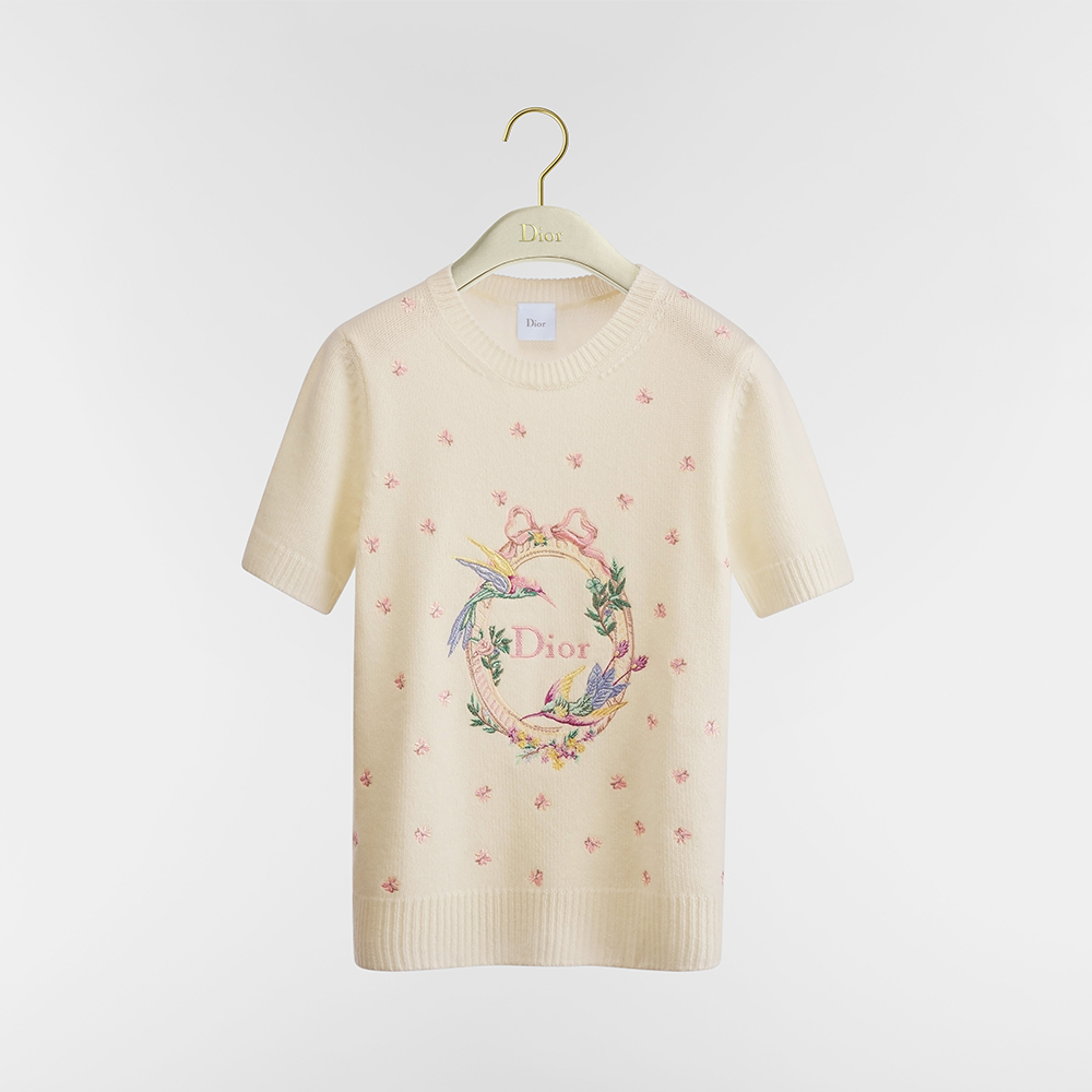 Dior white Clothing DIOR Dior Qixi Embroidered Short-Sleeved Sweater White Cashmere Jersey with Multicolor Dior Colibri Motif