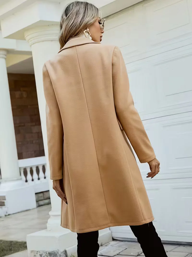 New Women Double Breasted Simple Design Woolen Coat