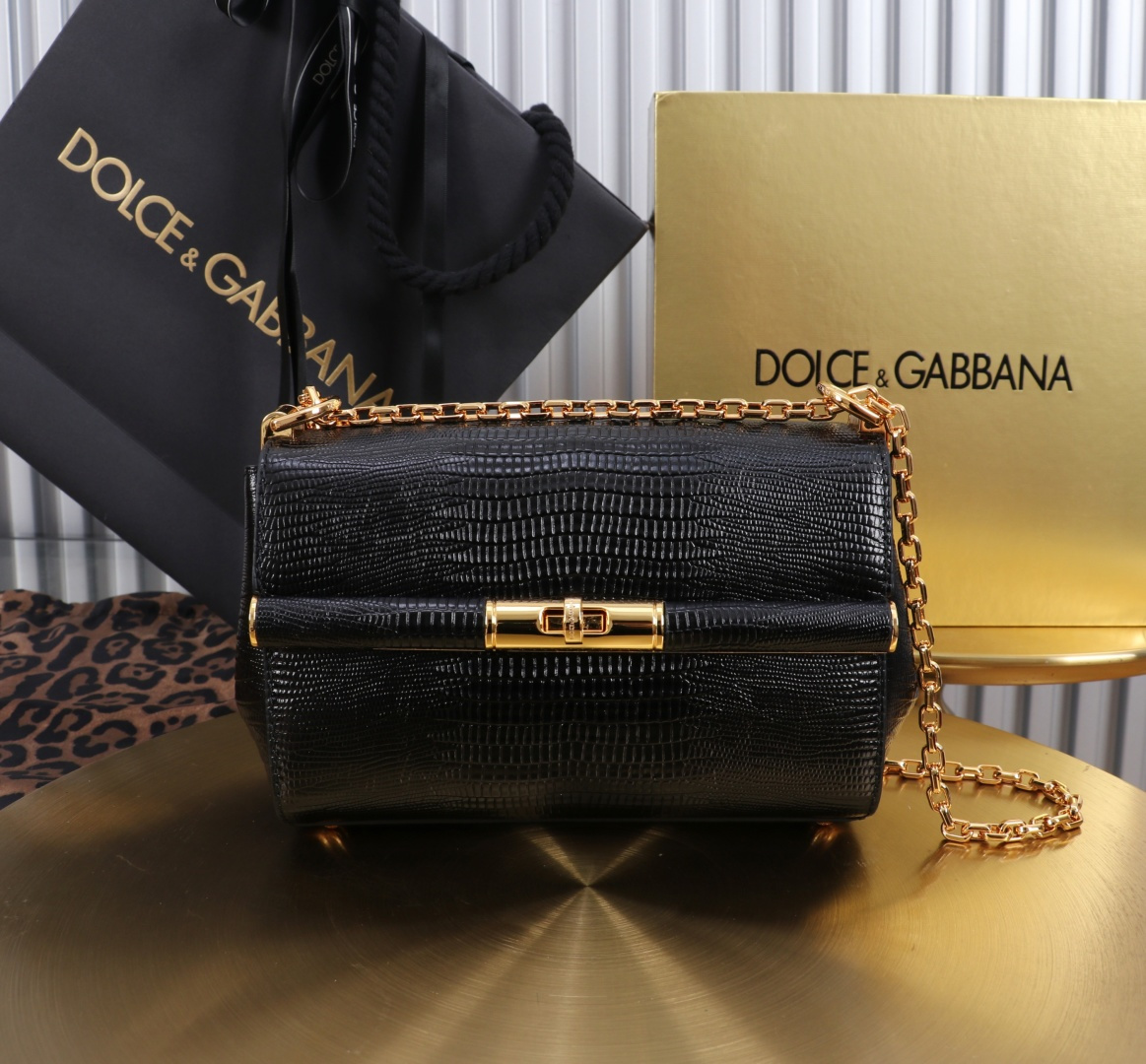 [TOP] Dolce & Gabbana D&G Shoulder Bag with Lizard Print 18x10.6x7cm - Black