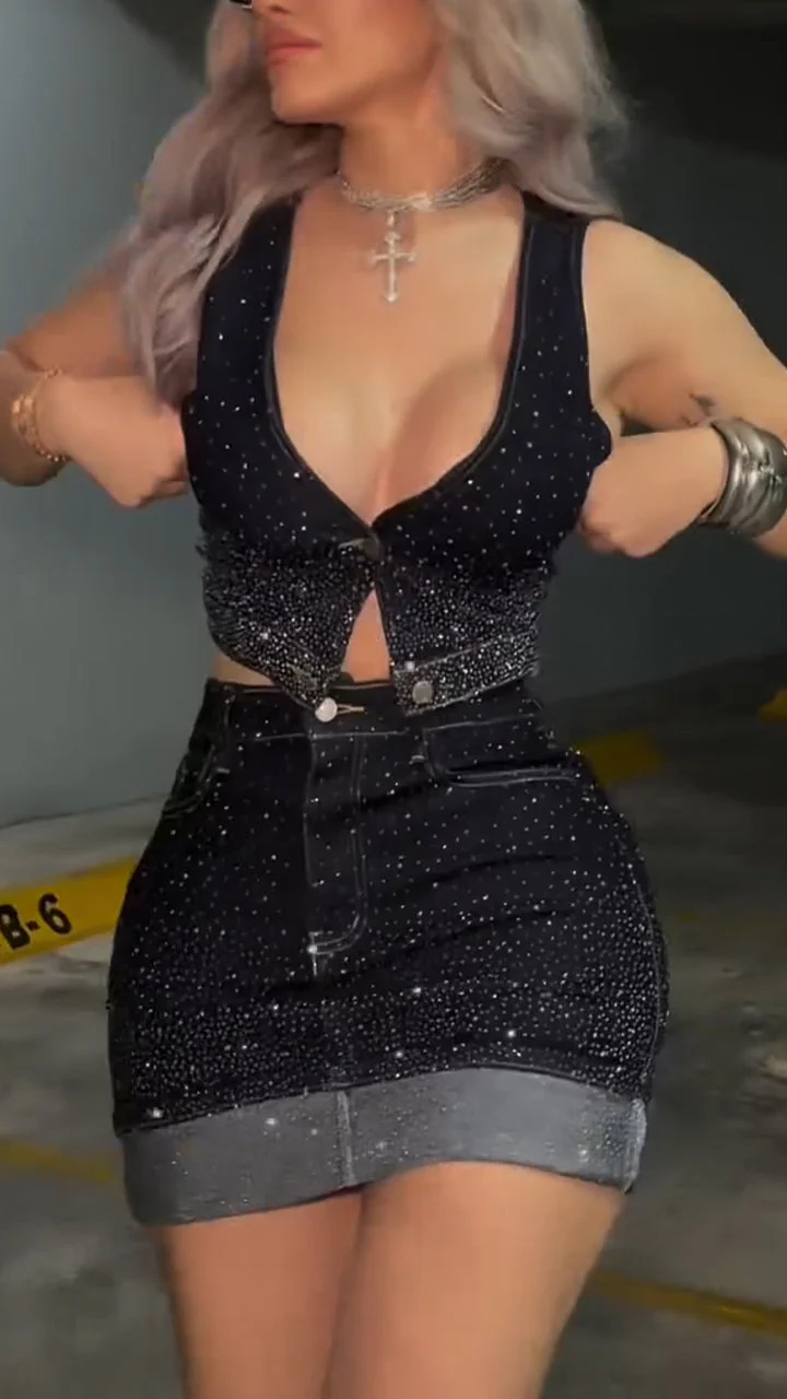 Womens Hot Rhinestone Sexy Casual Denim Suit
