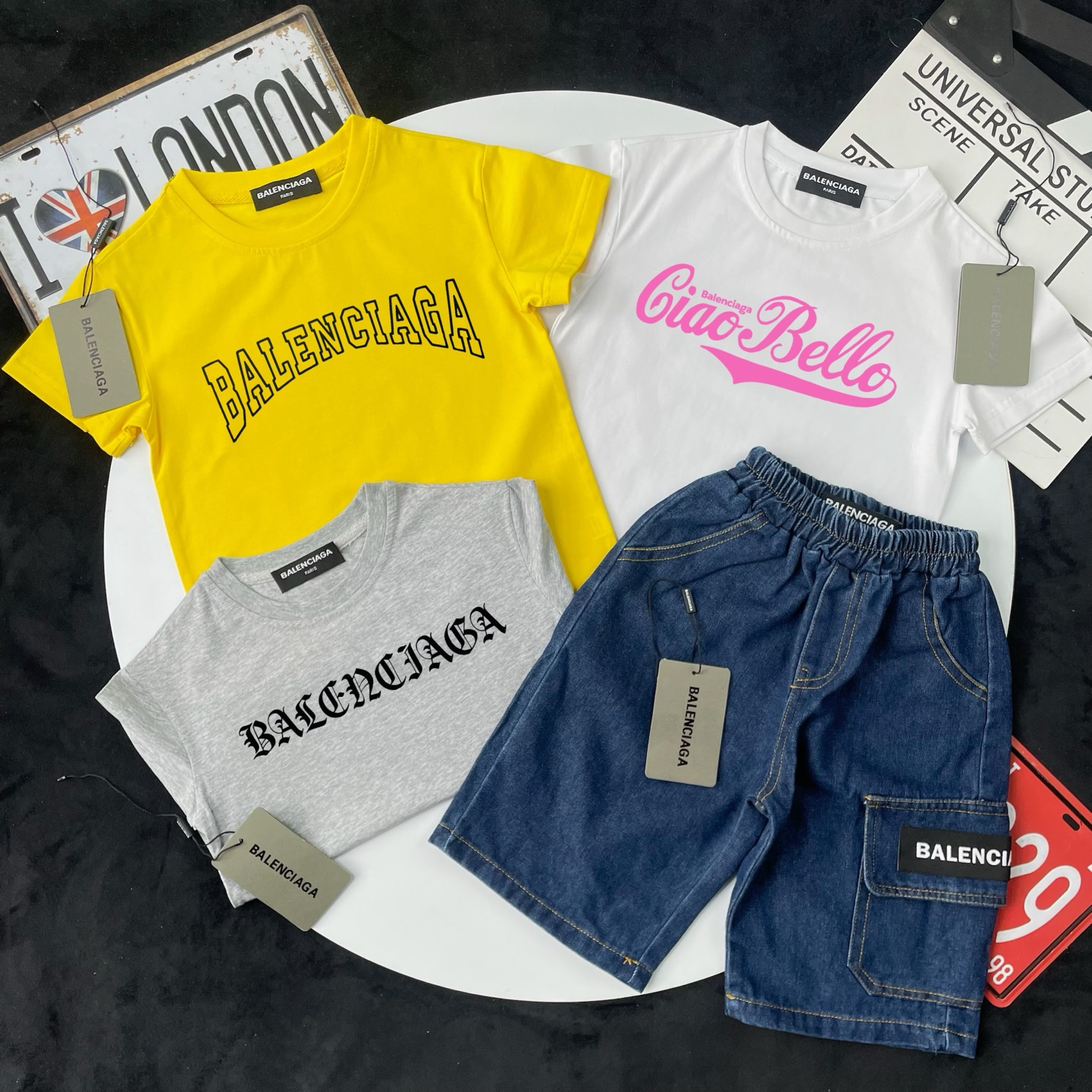 Balenciaga Unisex Kids 3 Styles Short Sleeve T-Shirt & Cargo Denim Shorts 2 Piece Set Boys Girls Sizes 90-150