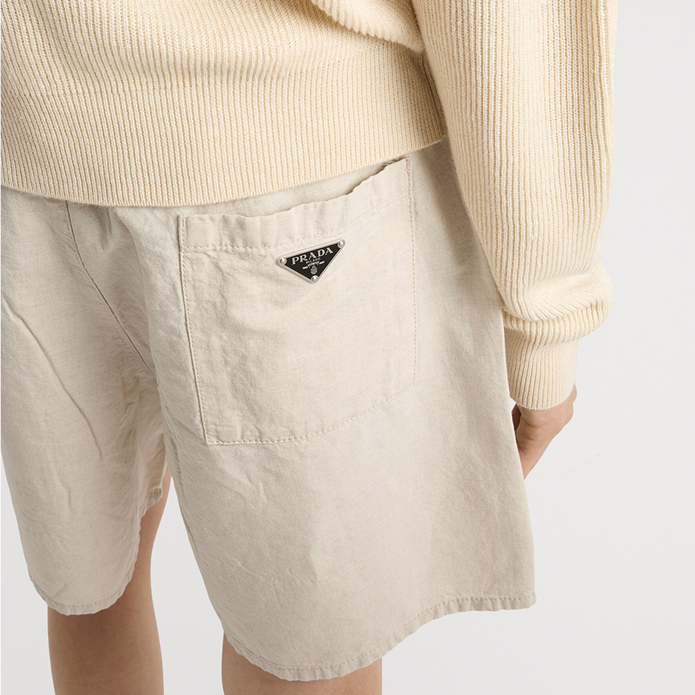 Prada Clothing Prada Neutral Cotton-Linen Triangle Bermuda Shorts #389918 View 2 | Nigo Office