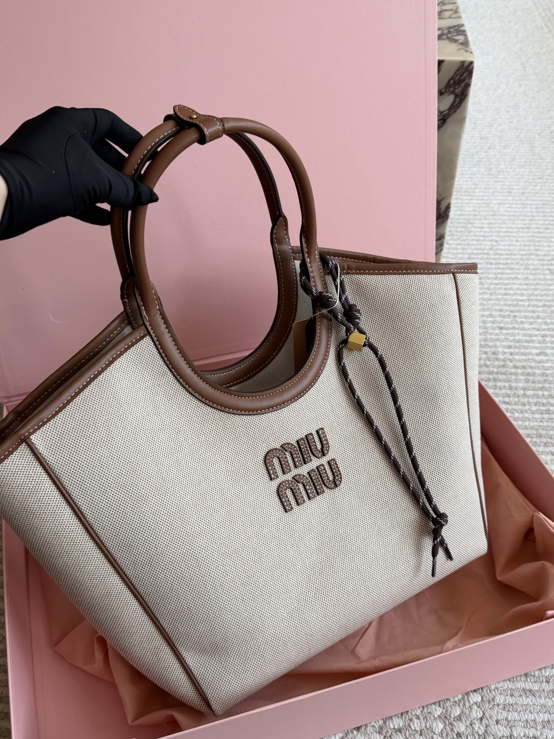 Miu Miu Ivy Canvas Tote Bag with Leather Accents and Detachable Shoulder Strap (Replica)