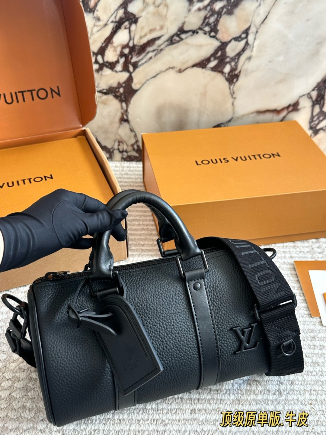Louis Vuitton LV X Nigo Keepall xs 21 Black Leather Handbag with Adjustable Strap (Replica)