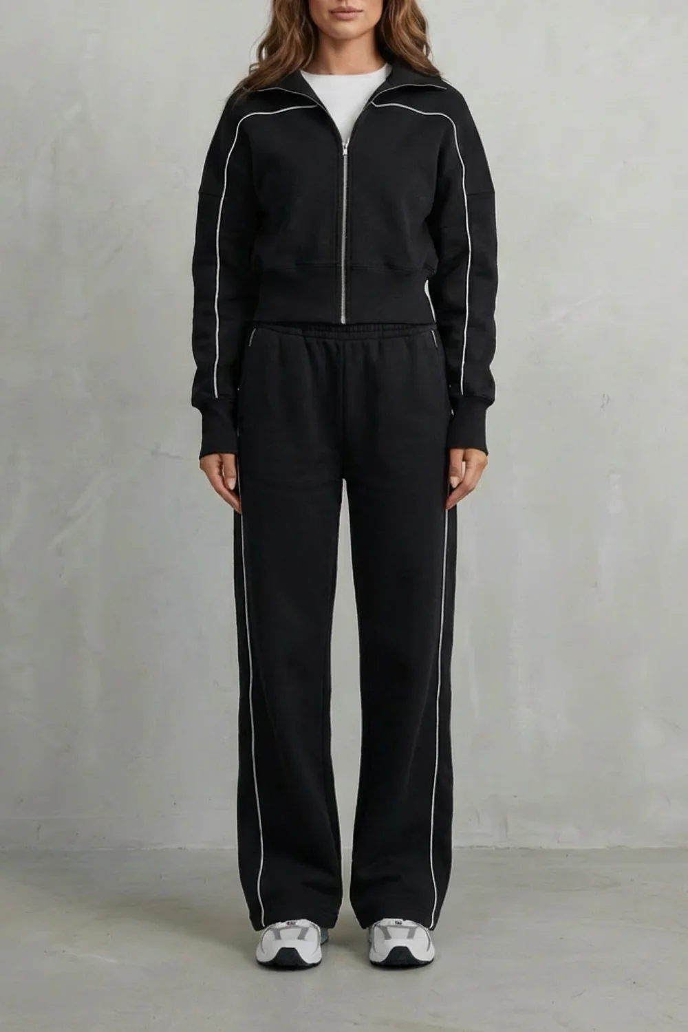 Savina – Urban Edge Piped Zip Jacket & Wide-Leg Pants Set