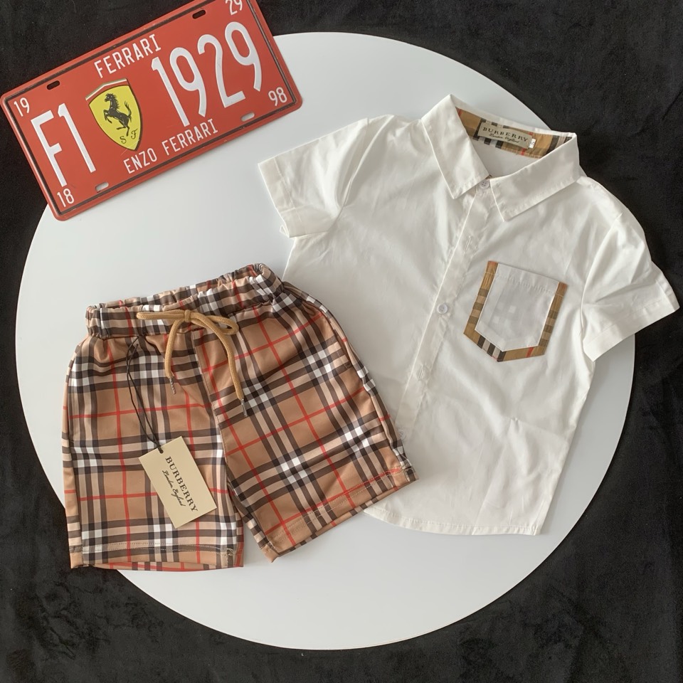Burberry Unisex Kids White Short Sleeve Button Down Shirt & Vintage Check Drawstring Shorts Separates Set Boys Girls Casual British Outfit Sizes 90-150