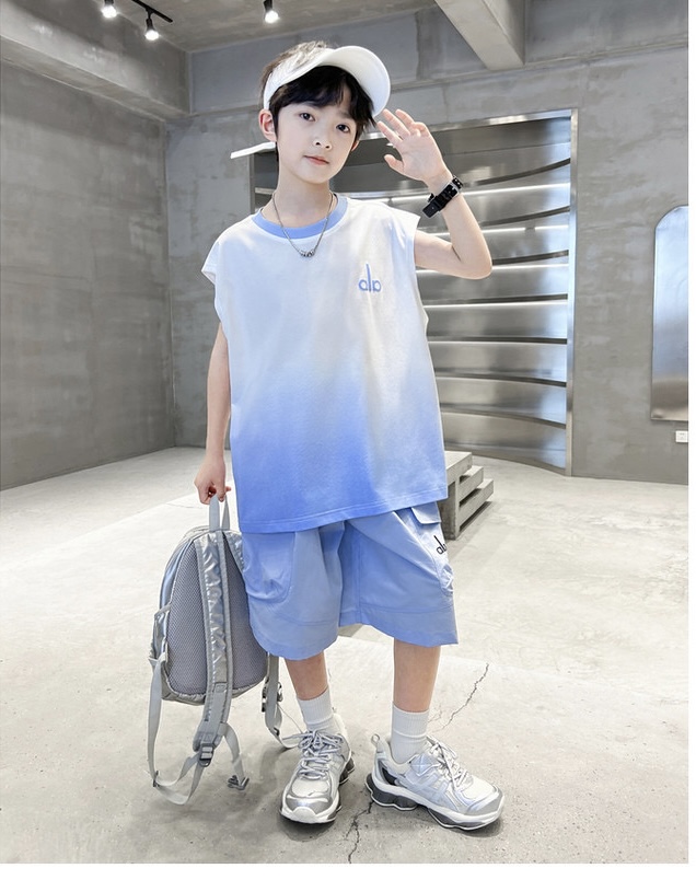 ALO Kids 2Pcs Gradient Sleeveless Tank Top & Cargo Shorts Matching Set For Boys Girls Oversize Soft Cotton Summer Outfit Sizes 120-170