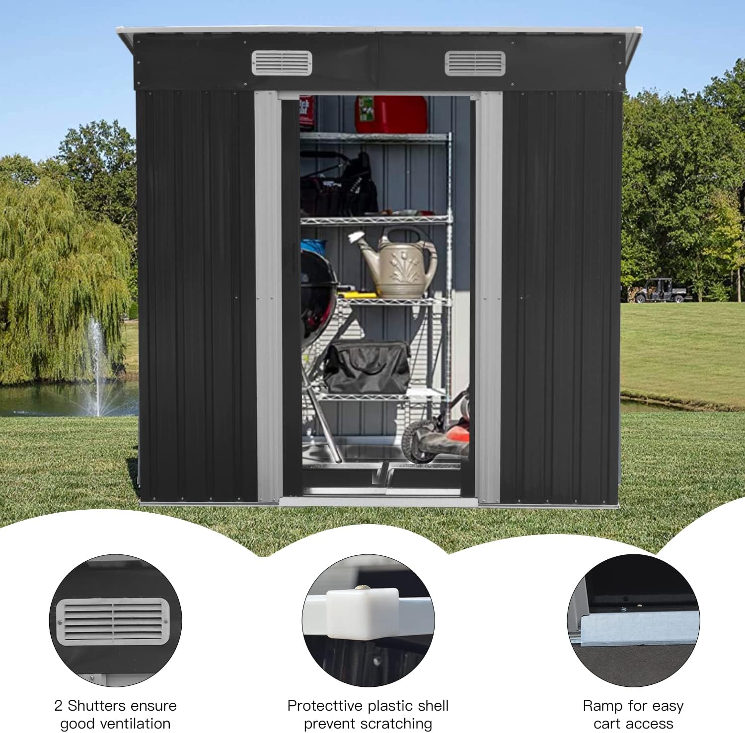 Garden Storage Shed Metal 6 x 4 FT Outdoor with Base Vents Lockable Sliding Doors Sloped Pent Roof for Patio Backyard Bike Tool All-Weather