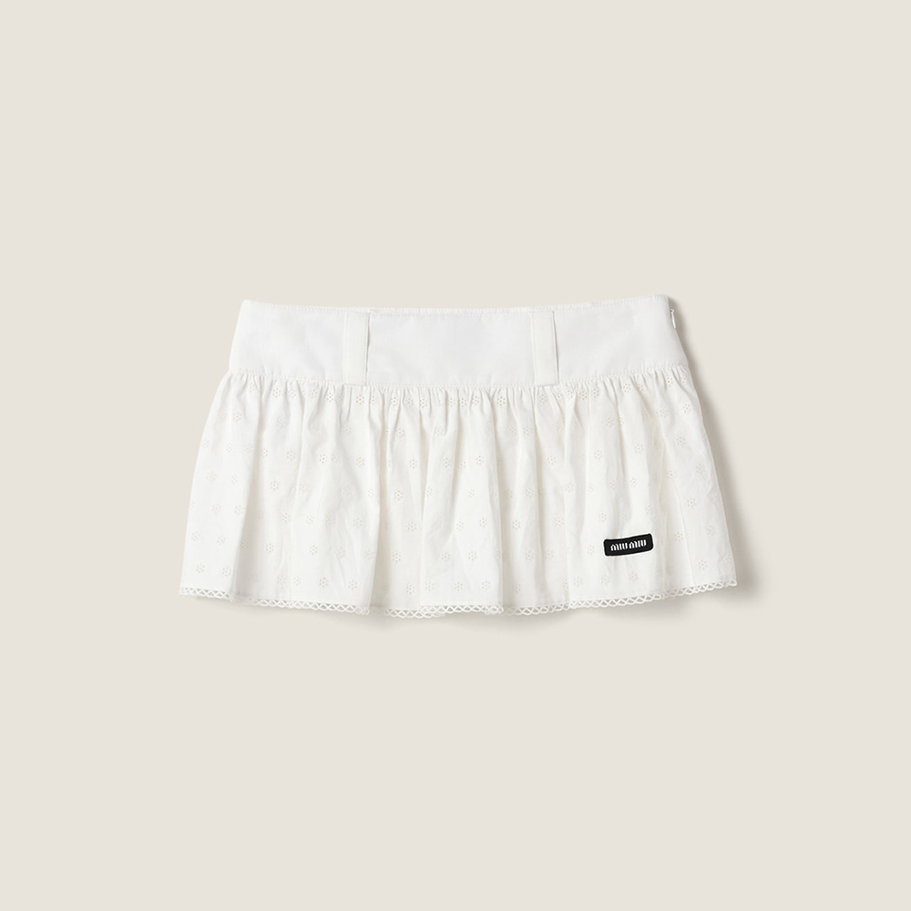 MiuMiu White Slubbed Eyelet Poplin Mini Skirt#382547