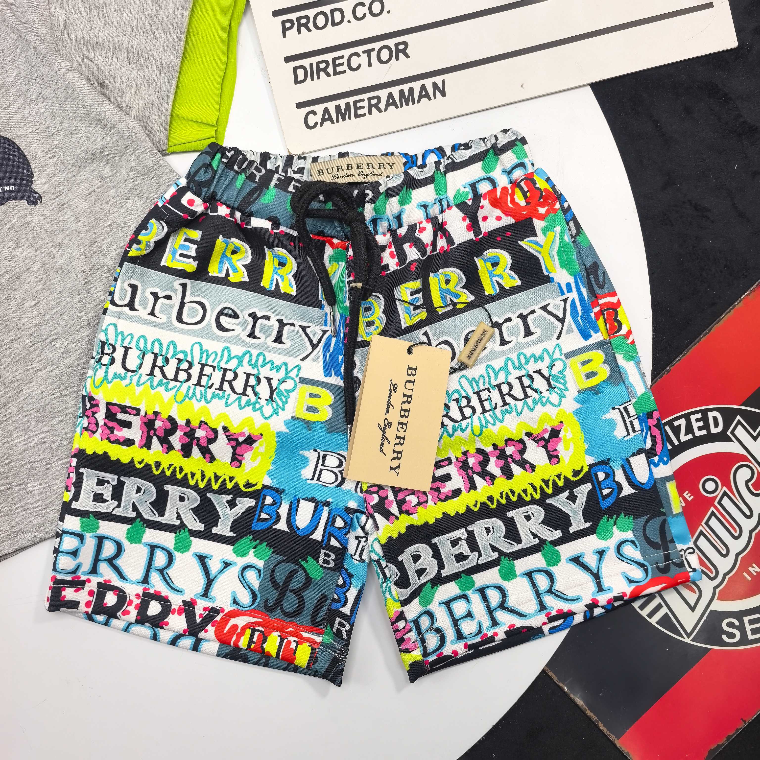 Burberry Unisex Kids Grey Lime Cuff Fruit Billiard Print Short Sleeve T Shirt & Colorful Graffiti Logo Drawstring Shorts Two Piece Matching Set Boys Girls Sizes 90-150