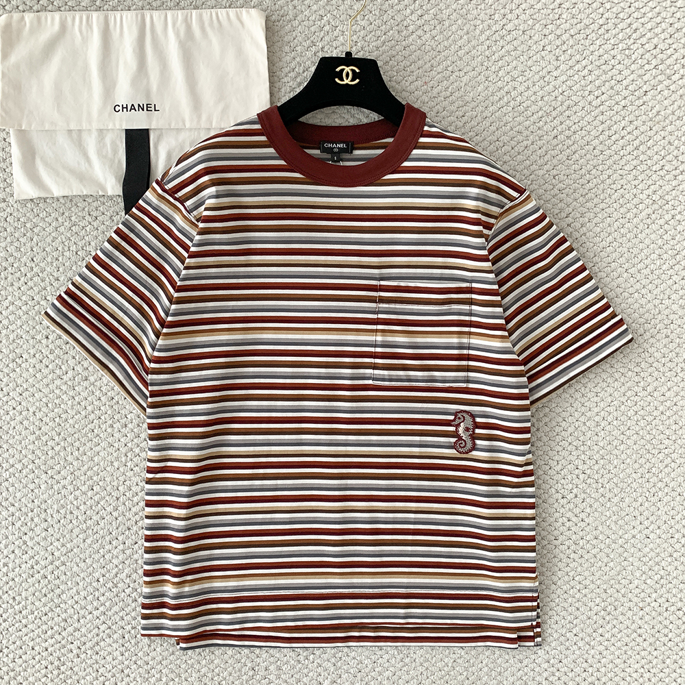 Chanel Seahorse Embroidery Striped Knitted T-shirt #384775