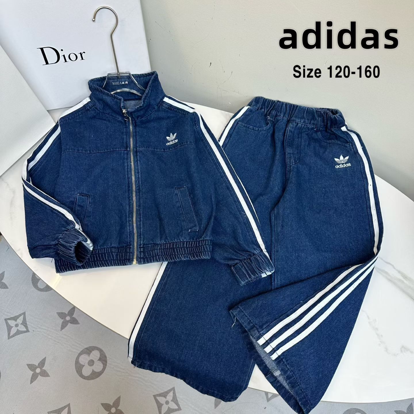 Adidas Unisex Kids 3 Stripe Stand Collar Zip Denim Jacket & Wide Leg Denim Pants Two Piece Set Boys Girls Sizes 120-160